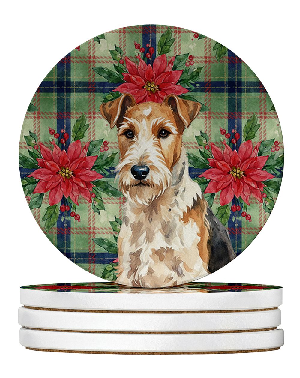 Wire Fox Terrier Christmas PoinsettIas Large Sandstone Coasters Pack of 4 Absorbent Round Coasters Decor Gifts for Men or Women,