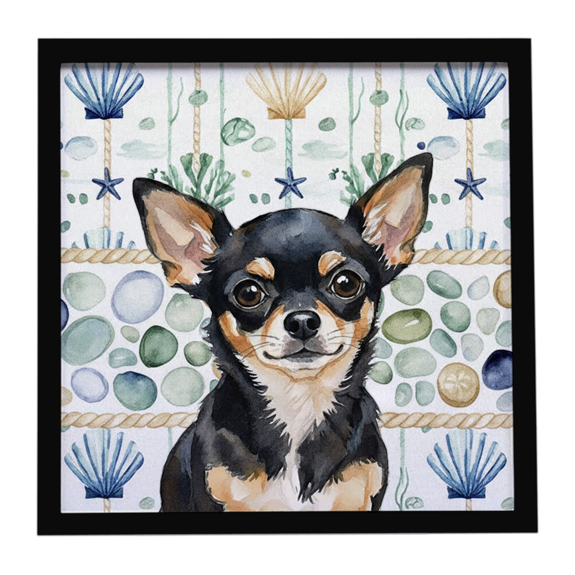 Black and Tan Chihuahua Coastal Sea Glass Framed Metal Print Bathroom, Kitchen, Office, Home Decor Wall Art Ready to Hang, Squar