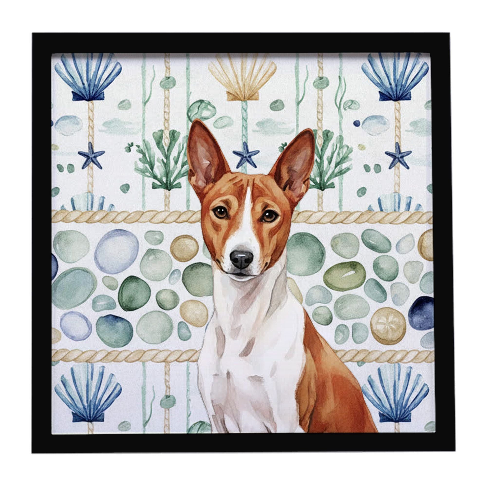 Red and White Basenji Coastal Sea Glass Framed Metal Print Bathroom, Kitchen, Office, Home Decor Wall Art Ready to Hang, Square,