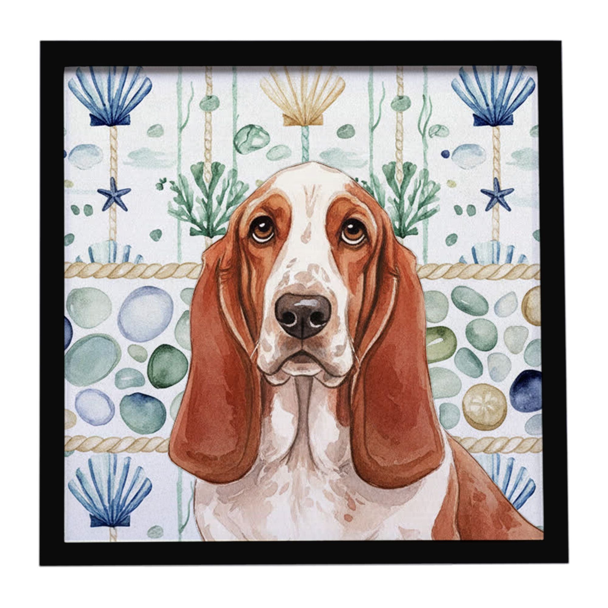 Red and White Basset Hound Coastal Sea Glass Framed Metal Print Bathroom, Kitchen, Office, Home Decor Wall Art Ready to Hang, Sq