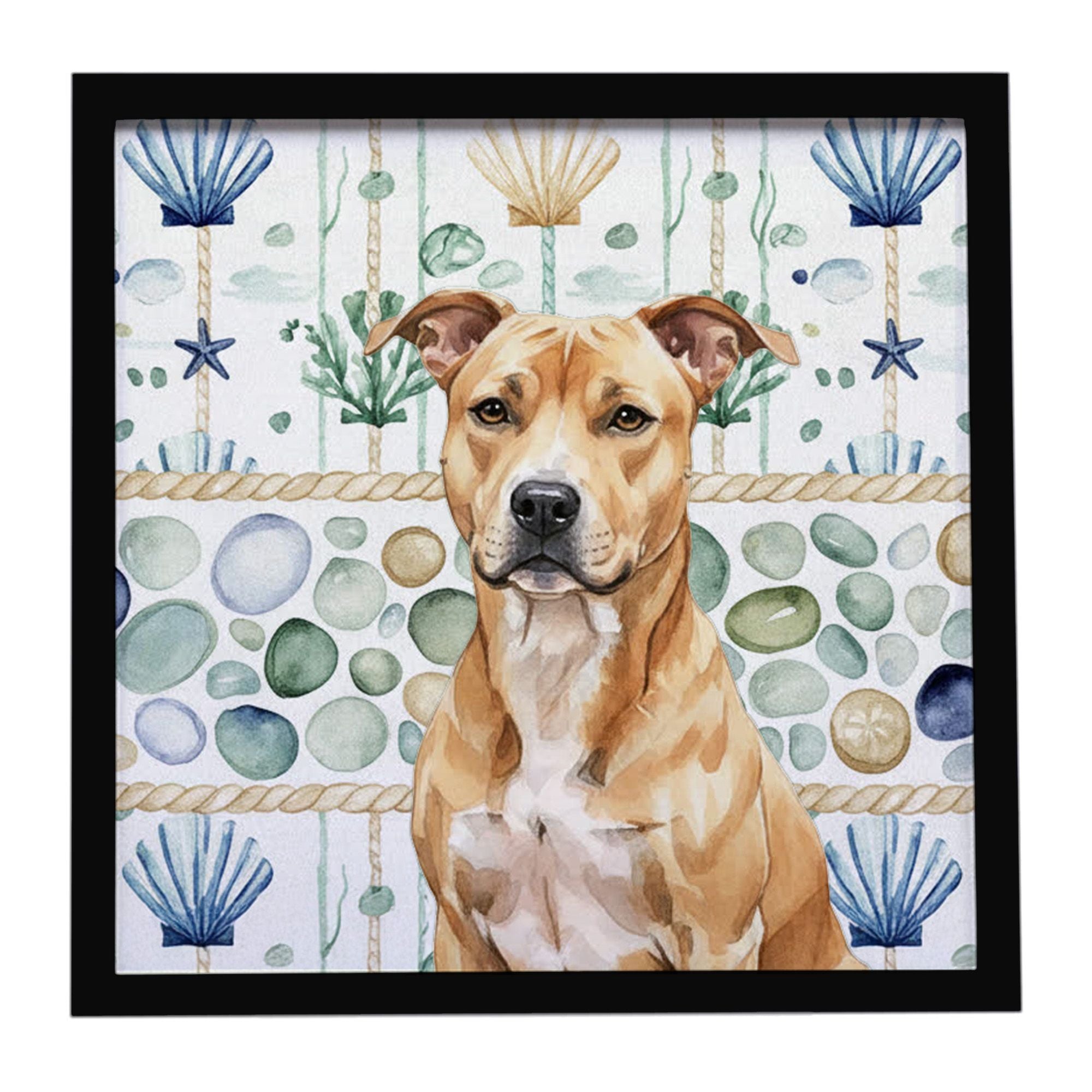 Fawn American Staffordshire Terrier Coastal Sea Glass Framed Metal Print Bathroom, Kitchen, Office, Home Decor Wall Art Ready to