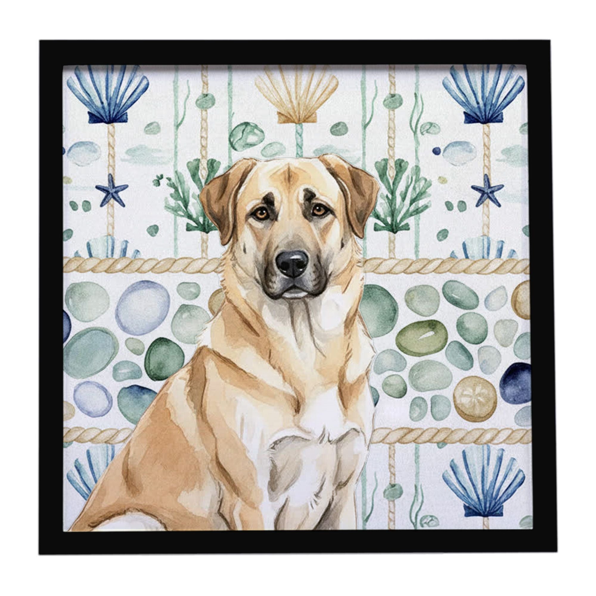 Anatolian Shepherd Dog Coastal Sea Glass Framed Metal Print Bathroom, Kitchen, Office, Home Decor Wall Art Ready to Hang, Square