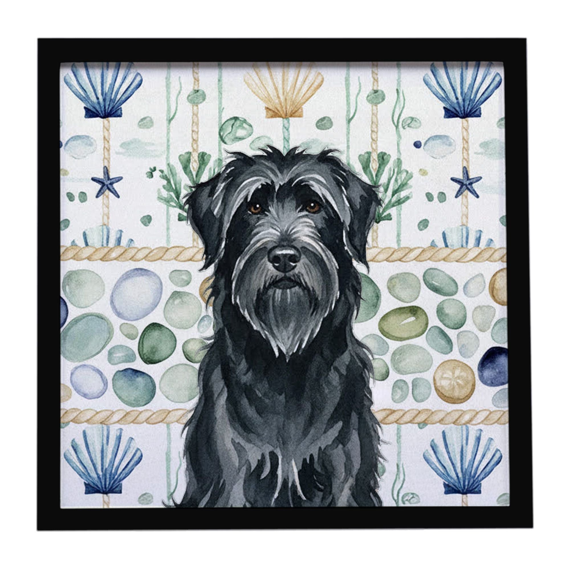 Black Briard Coastal Sea Glass Framed Metal Print Bathroom, Kitchen, Office, Home Decor Wall Art Ready to Hang, Square, 8X8