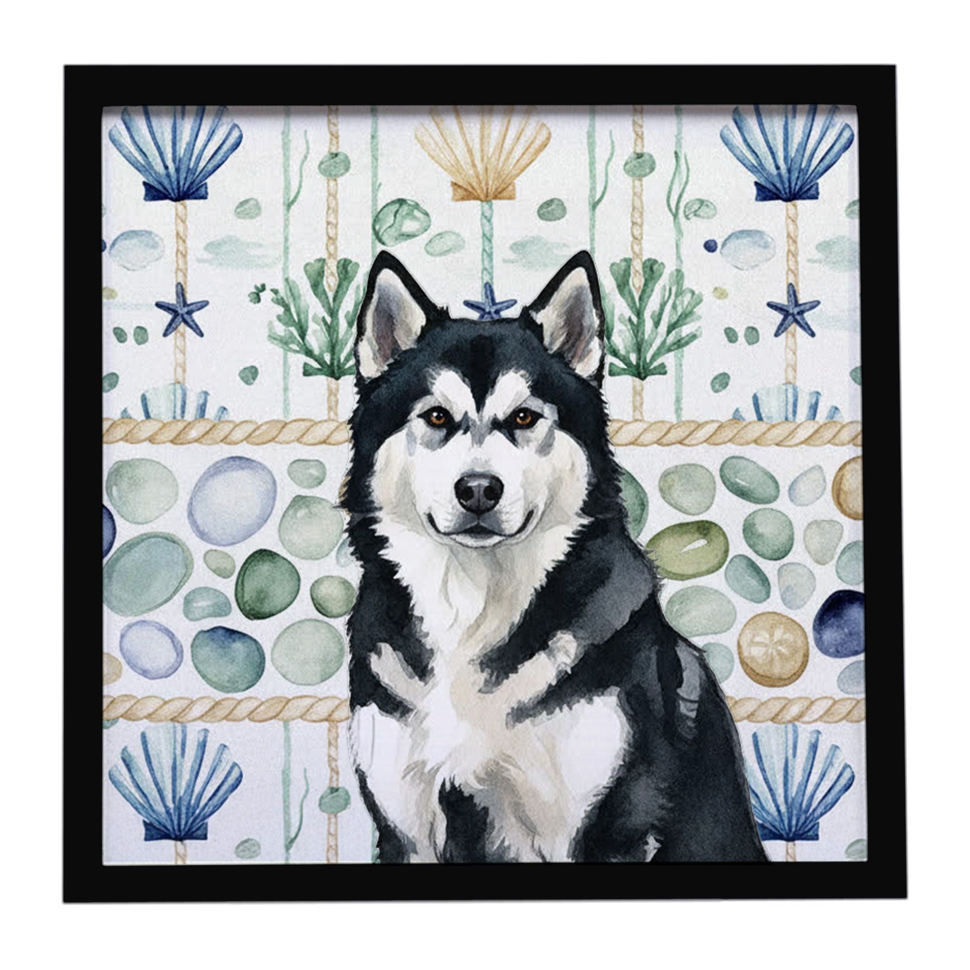 Black and White Alaskan Malamute Coastal Sea Glass Framed Metal Print Bathroom, Kitchen, Office, Home Decor Wall Art Ready to Ha