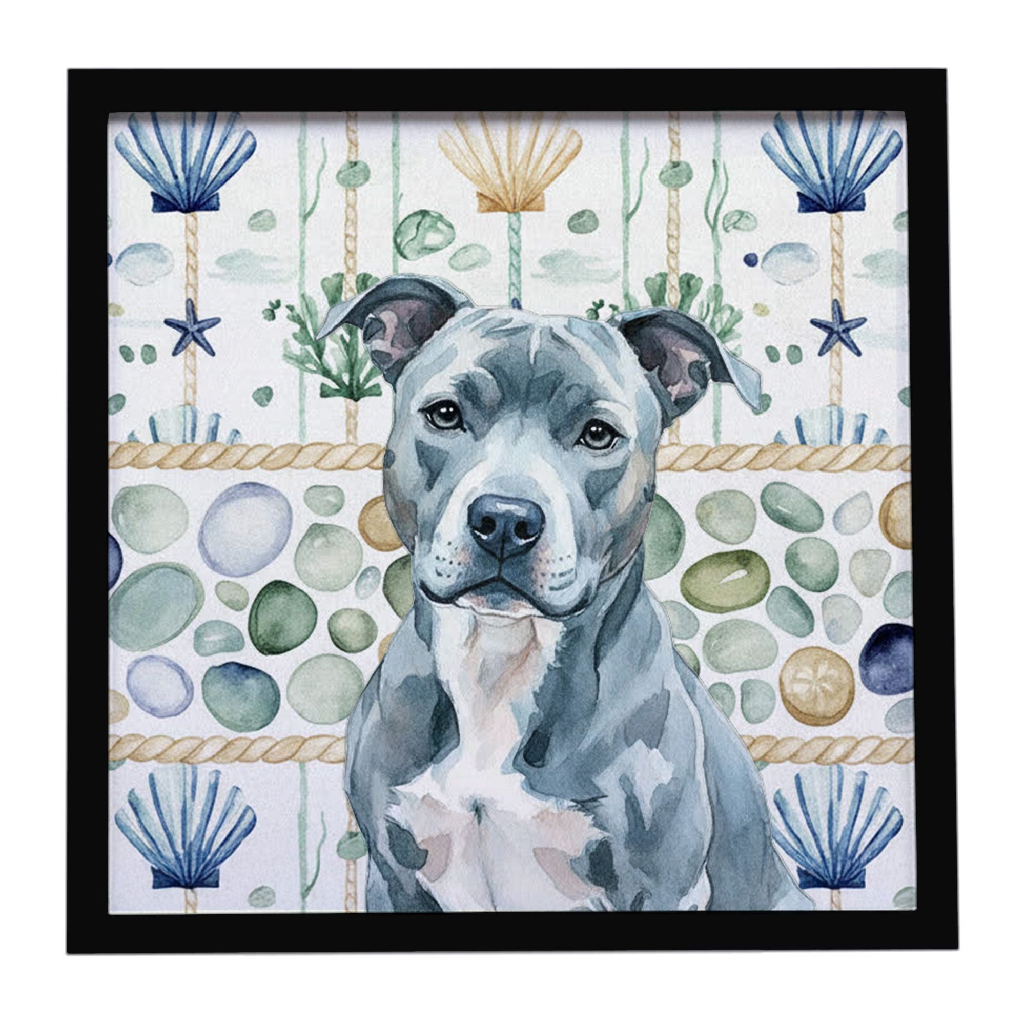 Blue American Staffordshire Terrier Coastal Sea Glass Framed Metal Print Bathroom, Kitchen, Office, Home Decor Wall Art Ready to