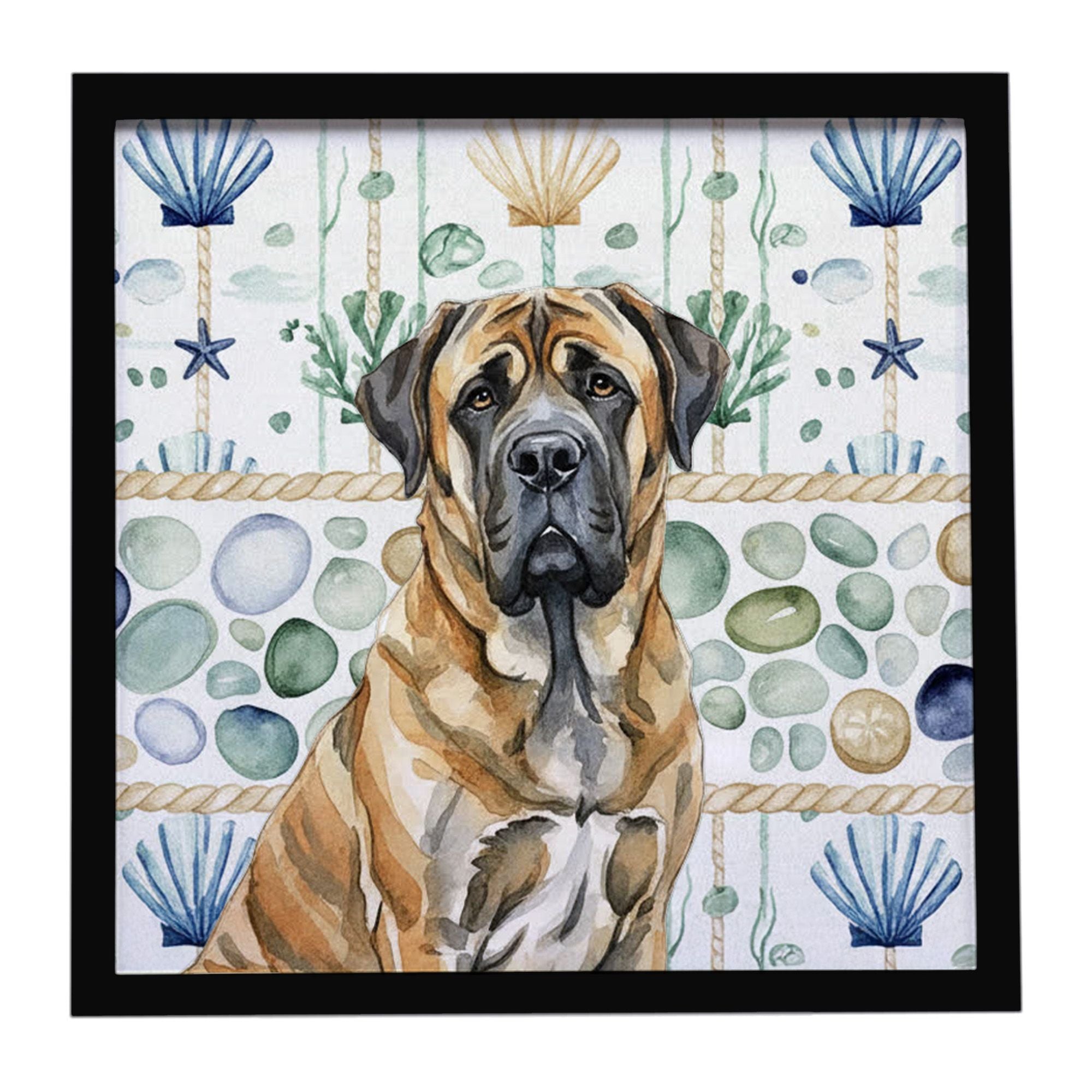 Brindle English Mastiff Coastal Sea Glass Framed Metal Print Bathroom, Kitchen, Office, Home Decor Wall Art Ready to Hang, Squar
