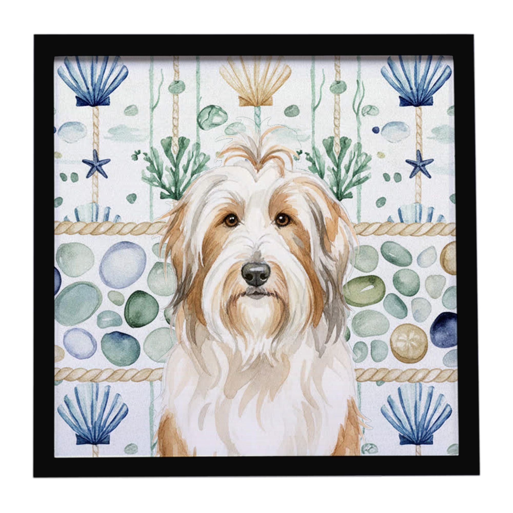 White and Tan Bearded Collie Coastal Sea Glass Framed Metal Print Bathroom, Kitchen, Office, Home Decor Wall Art Ready to Hang, 
