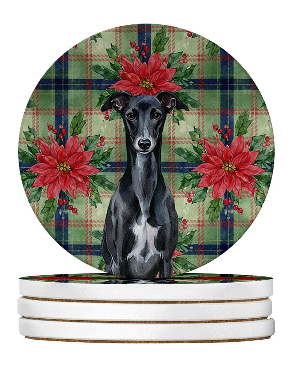 Black Whippet Christmas PoinsettIas Large Sandstone Coasters Pack of 4 Absorbent Round Coasters Decor Gifts for Men or Women, 4 