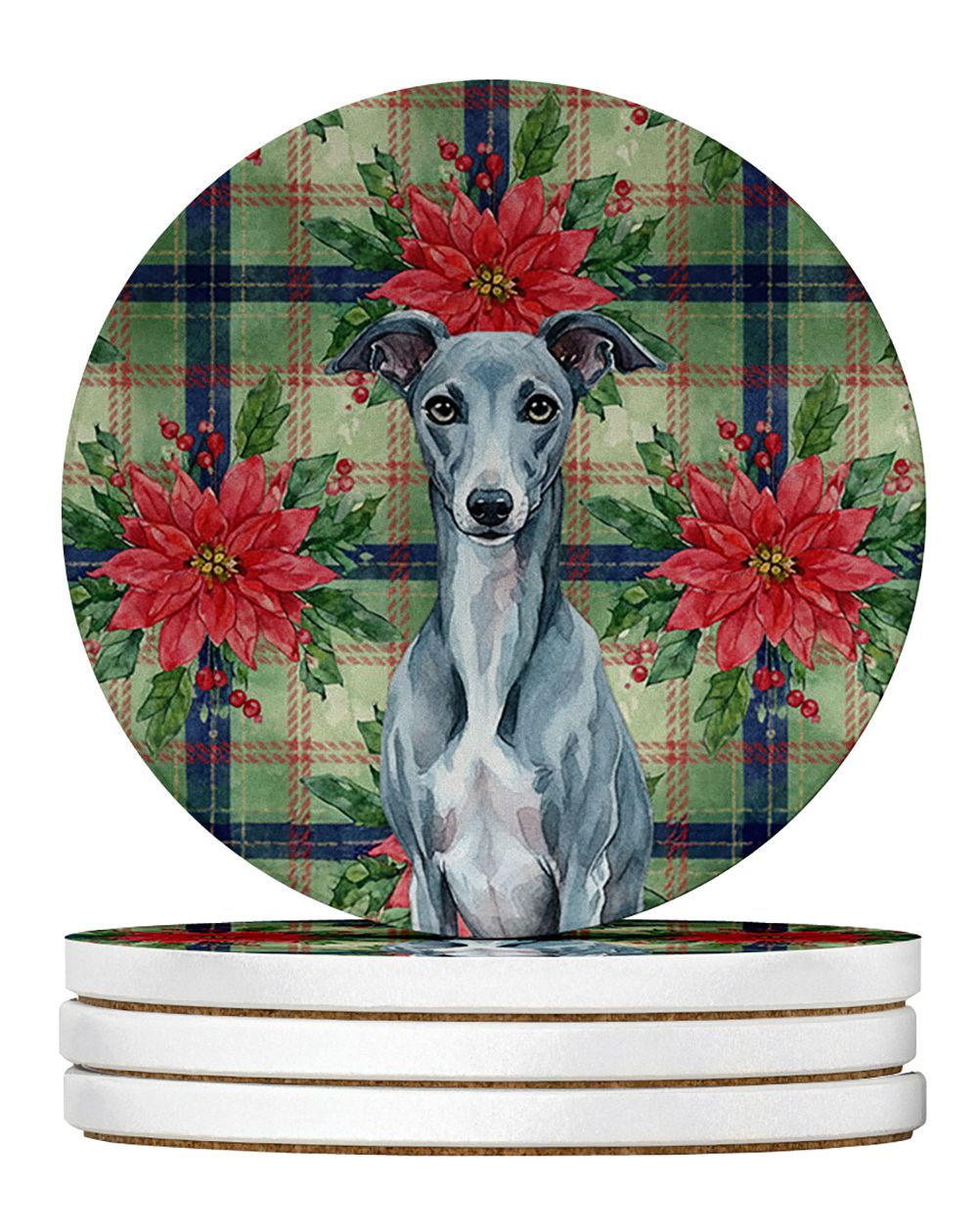 Blue Whippet Christmas PoinsettIas Large Sandstone Coasters Pack of 4 Absorbent Round Coasters Decor Gifts for Men or Women, 4 i