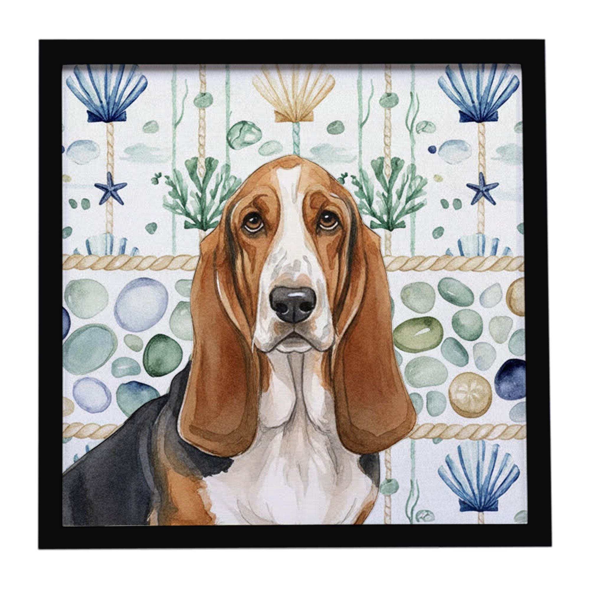 Tricolor and White Basset Hound Coastal Sea Glass Framed Metal Print Bathroom, Kitchen, Office, Home Decor Wall Art Ready to Han