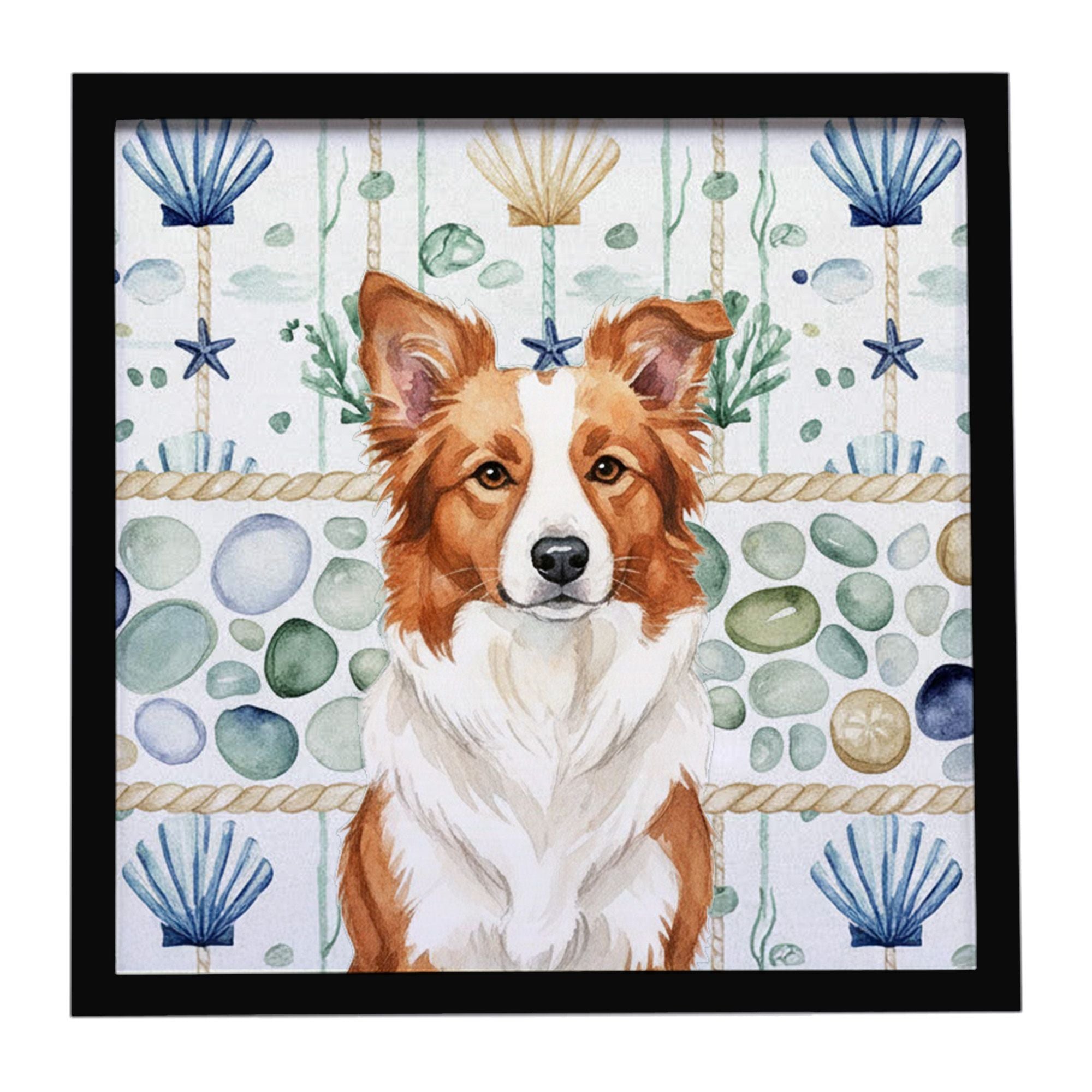 Red and White Border Collie Coastal Sea Glass Framed Metal Print Bathroom, Kitchen, Office, Home Decor Wall Art Ready to Hang, S