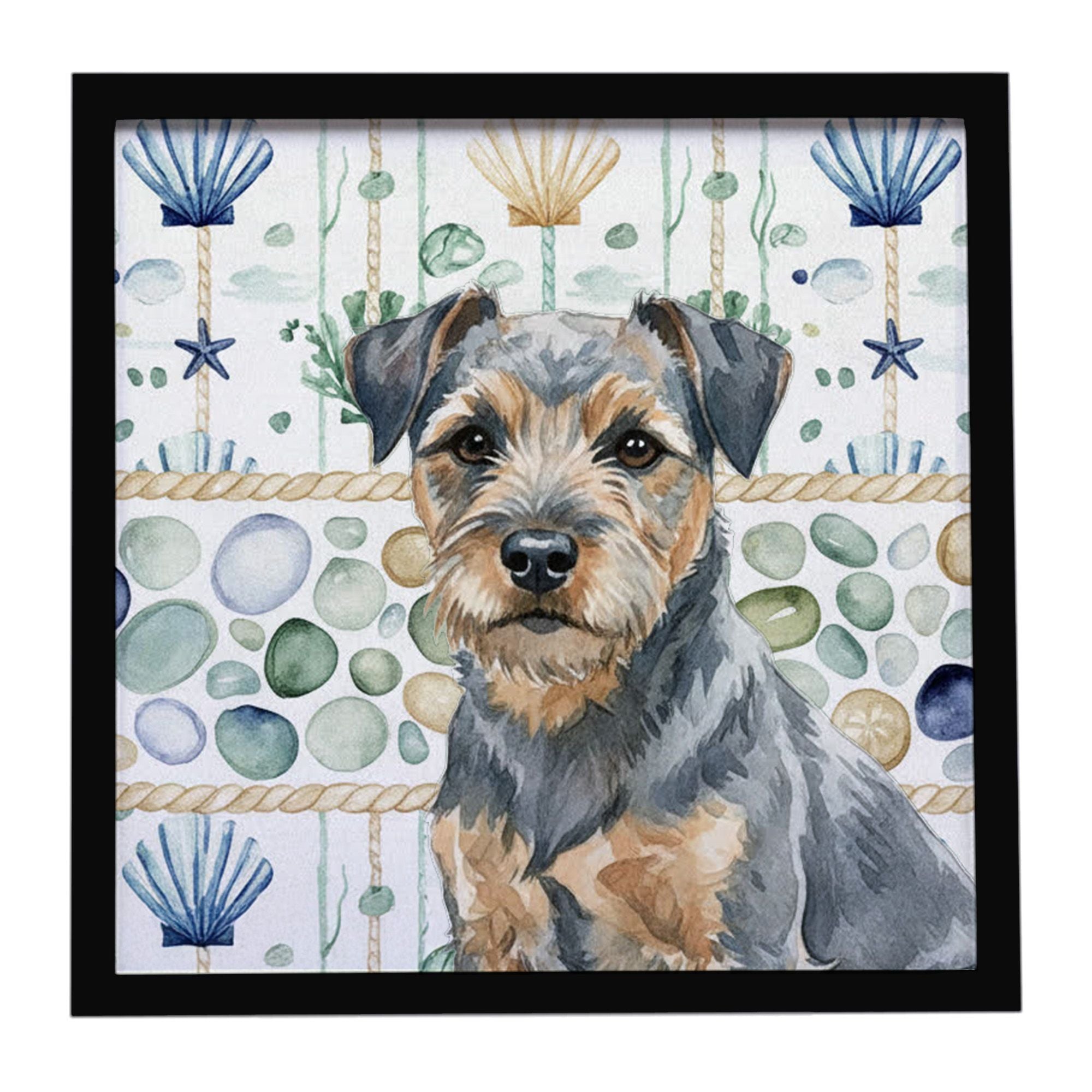Blue and Tan Border Terrier Coastal Sea Glass Framed Metal Print Bathroom, Kitchen, Office, Home Decor Wall Art Ready to Hang, S