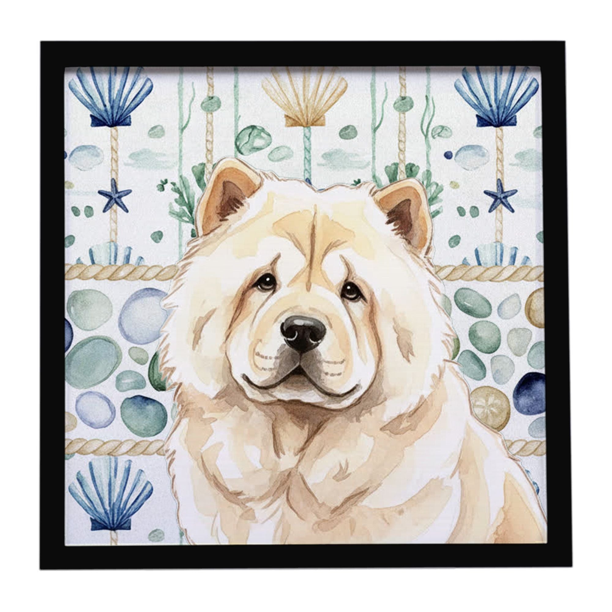 Cream Chow Chow Coastal Sea Glass Framed Metal Print Bathroom, Kitchen, Office, Home Decor Wall Art Ready to Hang, Square, 8X8