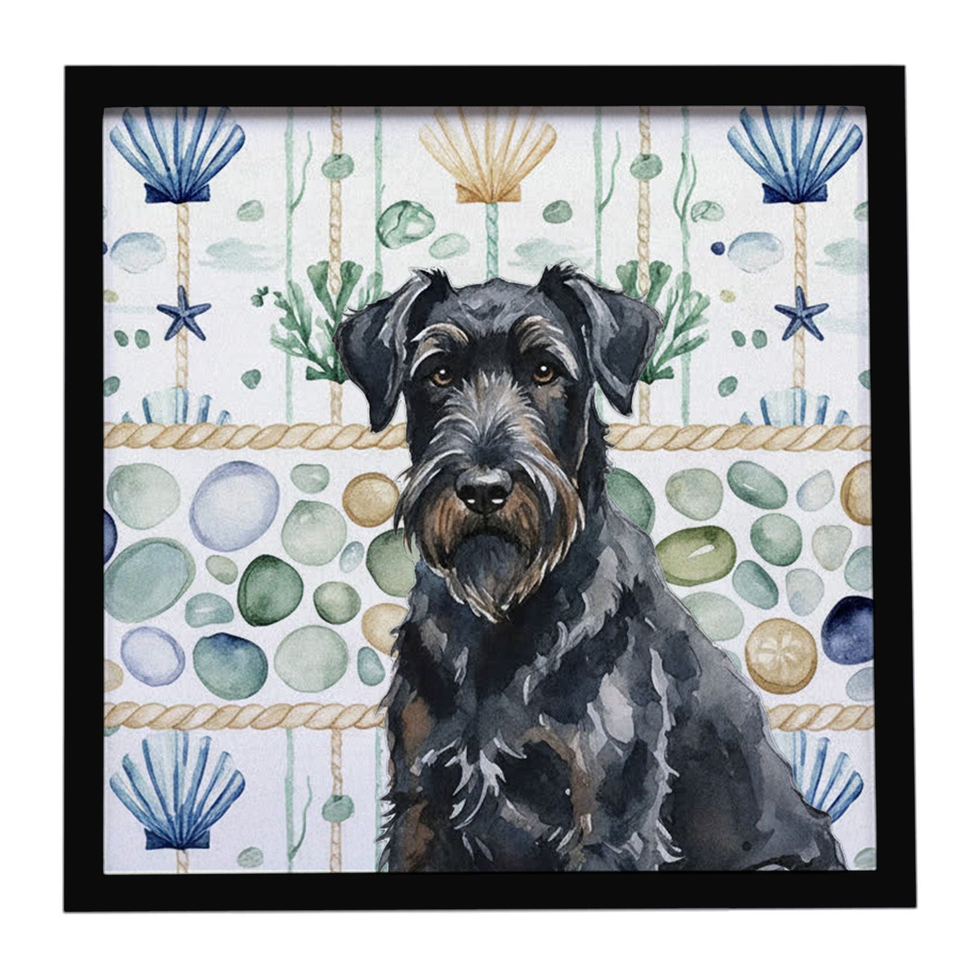 Black Russian Terrier Coastal Sea Glass Framed Metal Print Bathroom, Kitchen, Office, Home Decor Wall Art Ready to Hang, Square,