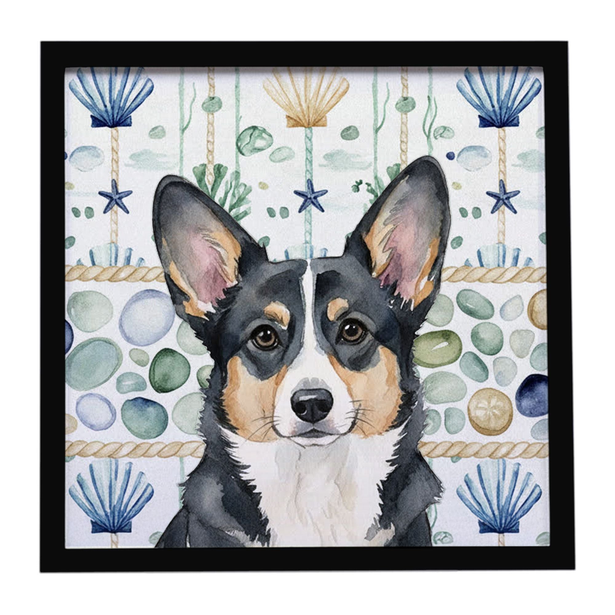 Black and White Cardigan Welsh Corgi Coastal Sea Glass Framed Metal Print Bathroom, Kitchen, Office, Home Decor Wall Art Ready t