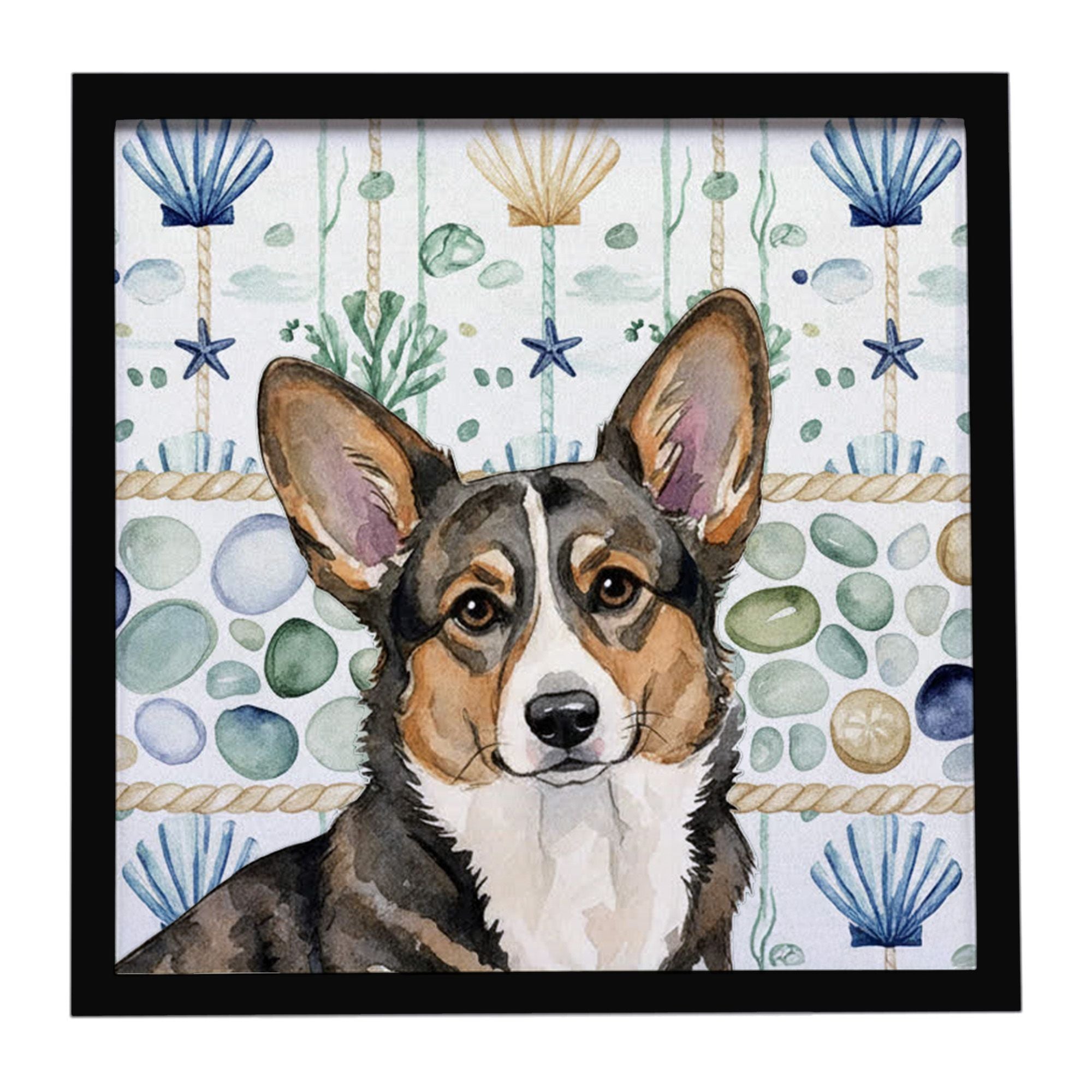 Brindle Cardigan Welsh Corgi Coastal Sea Glass Framed Metal Print Bathroom, Kitchen, Office, Home Decor Wall Art Ready to Hang, 
