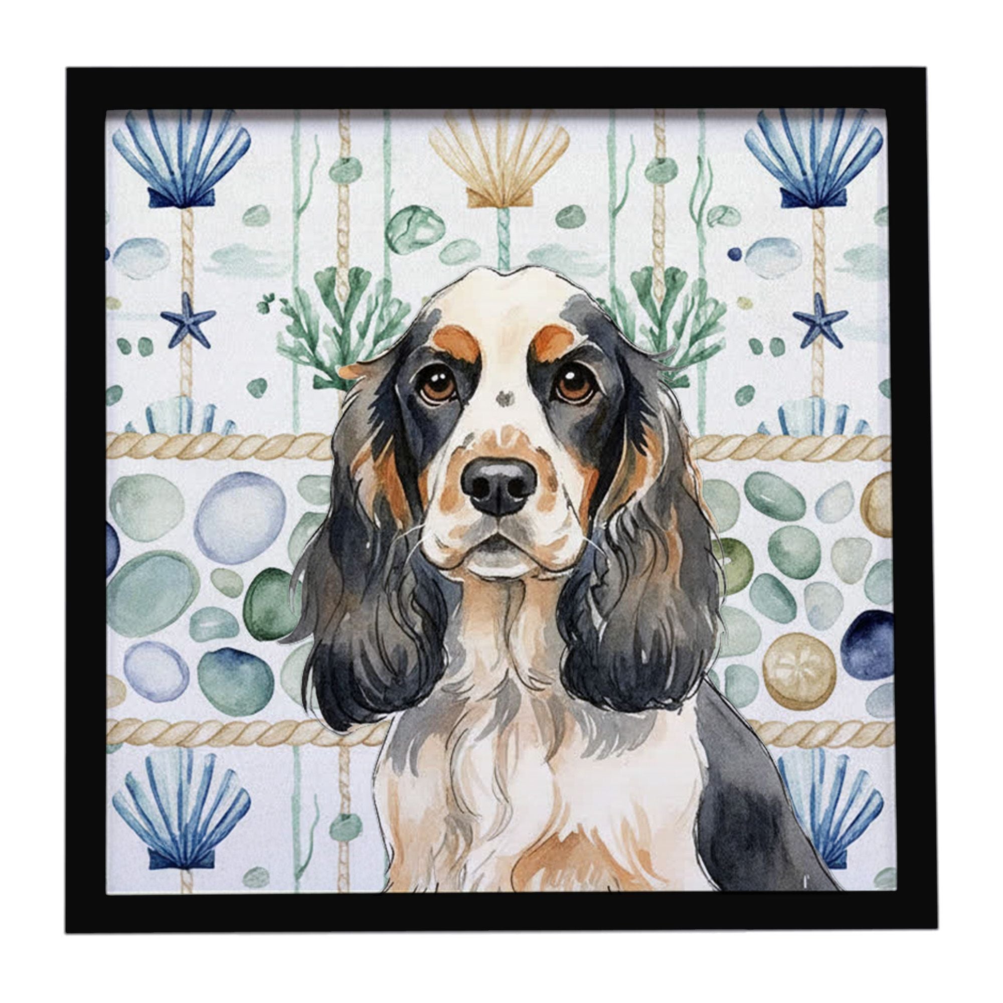 Parti Cocker Spaniel Coastal Sea Glass Framed Metal Print Bathroom, Kitchen, Office, Home Decor Wall Art Ready to Hang, Square, 