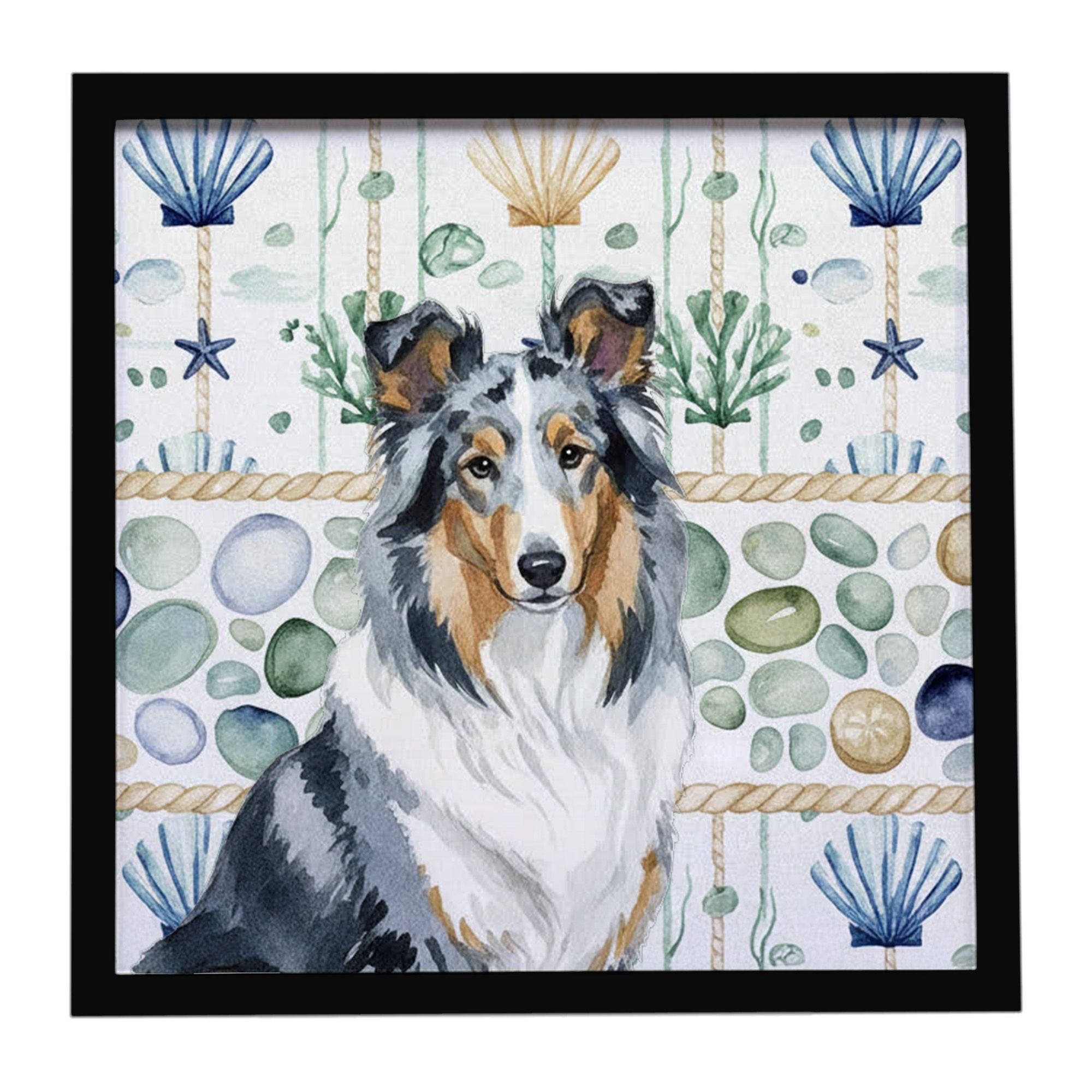 Blue Merle Collie Coastal Sea Glass Framed Metal Print Bathroom, Kitchen, Office, Home Decor Wall Art Ready to Hang, Square, 8X8