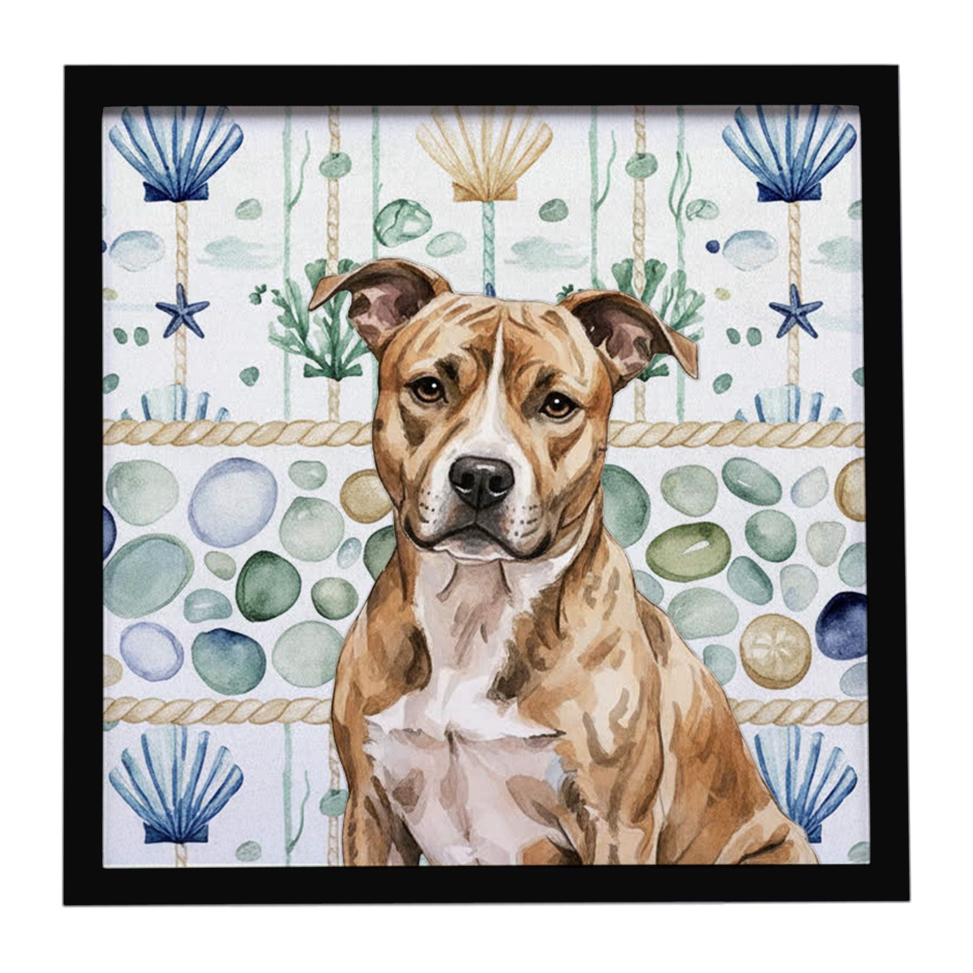 Brindle American Staffordshire Terrier Coastal Sea Glass Framed Metal Print Bathroom, Kitchen, Office, Home Decor Wall Art Ready