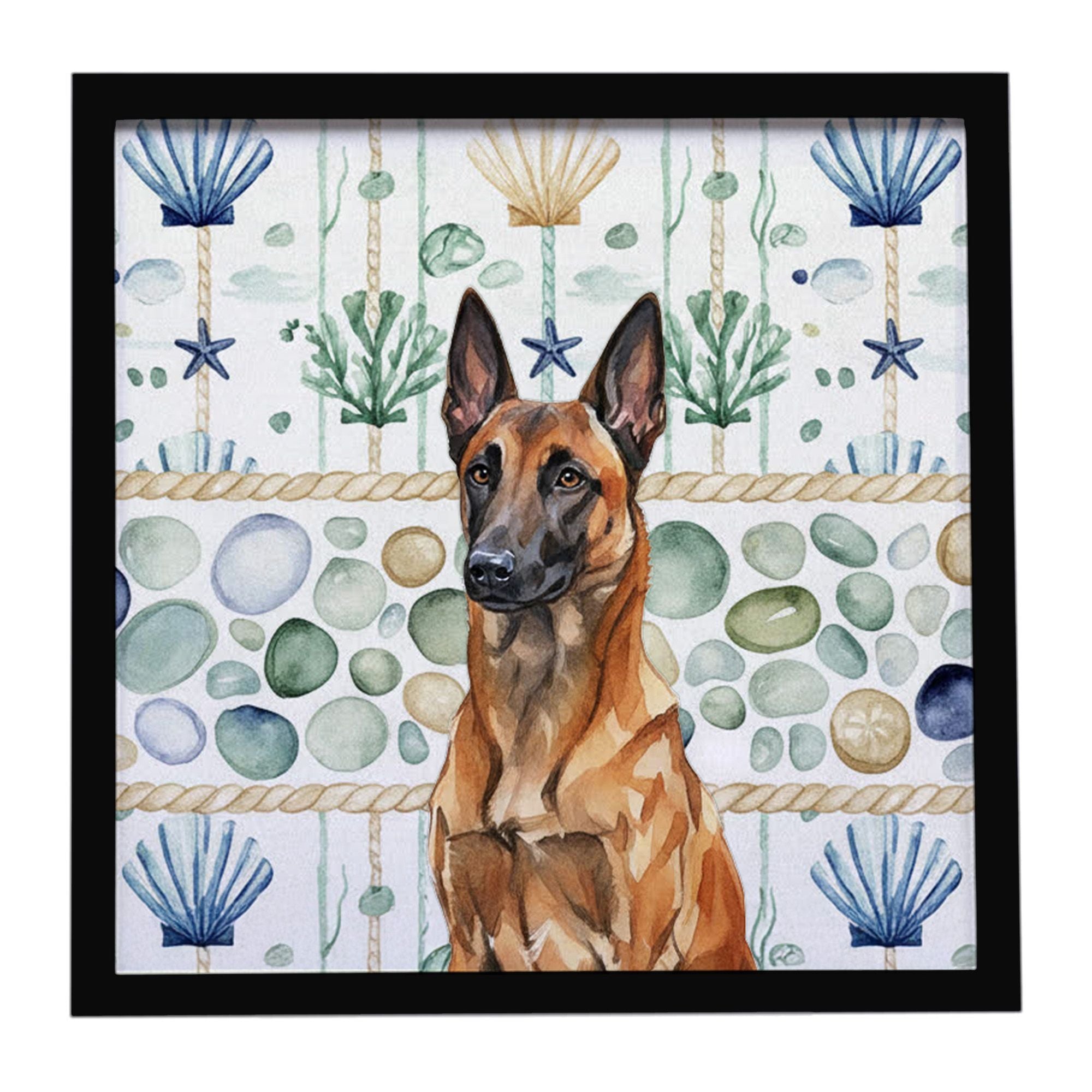 Mahogany Belgian Malinois Coastal Sea Glass Framed Metal Print Bathroom, Kitchen, Office, Home Decor Wall Art Ready to Hang, Squ