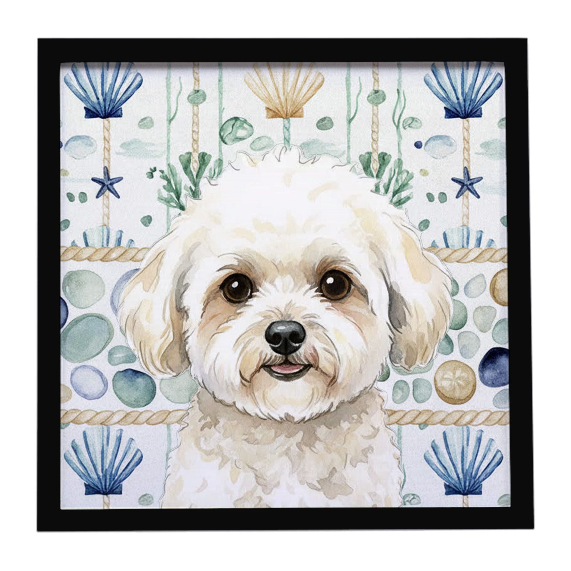 White and Cream Bichon Frise Coastal Sea Glass Framed Metal Print Bathroom, Kitchen, Office, Home Decor Wall Art Ready to Hang, 