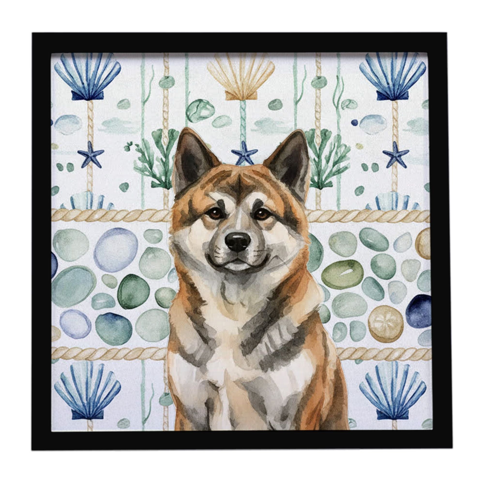 Brindle Akita Coastal Sea Glass Framed Metal Print Bathroom, Kitchen, Office, Home Decor Wall Art Ready to Hang, Square, 8X8