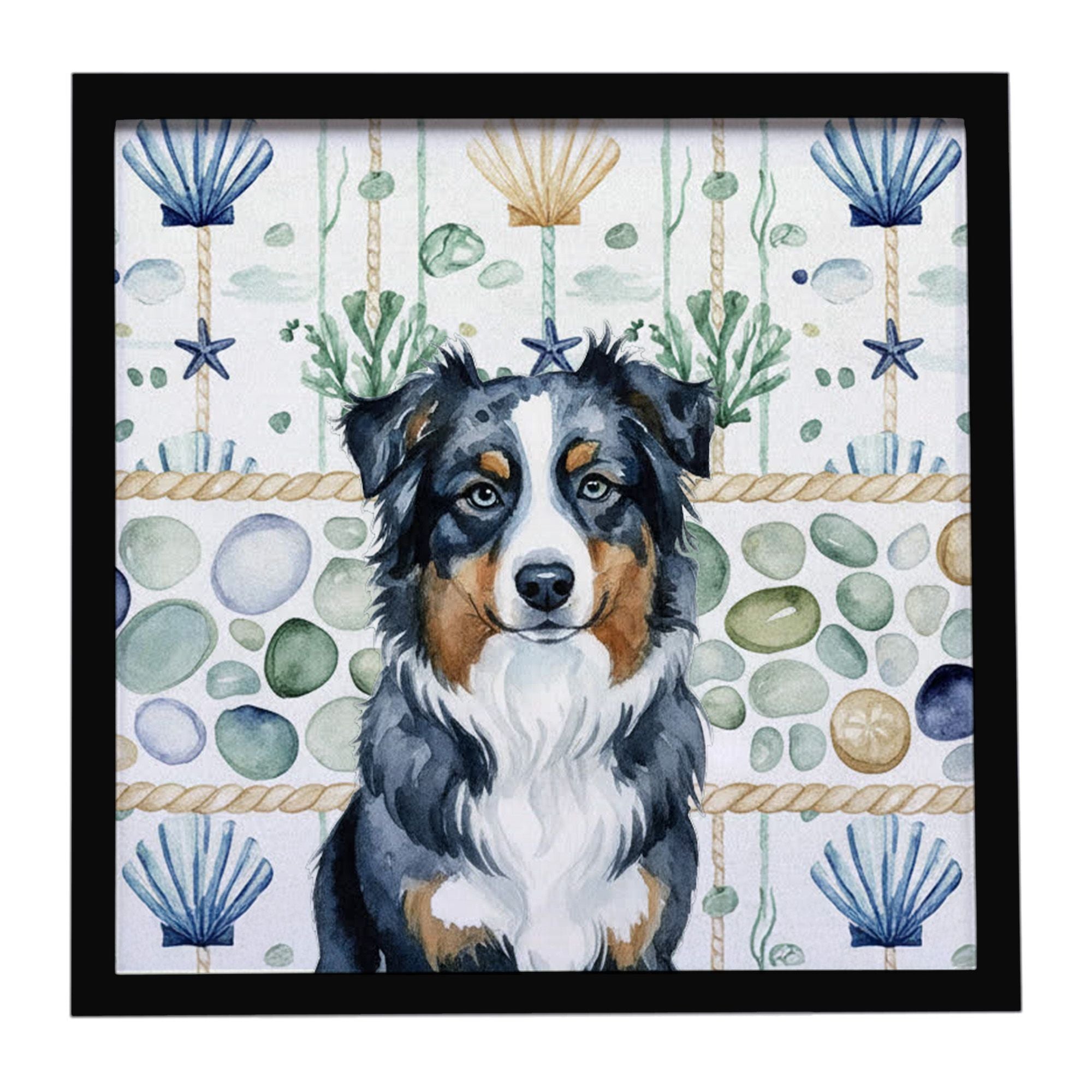 Black Australian Shepherd Coastal Sea Glass Framed Metal Print Bathroom, Kitchen, Office, Home Decor Wall Art Ready to Hang, Squ