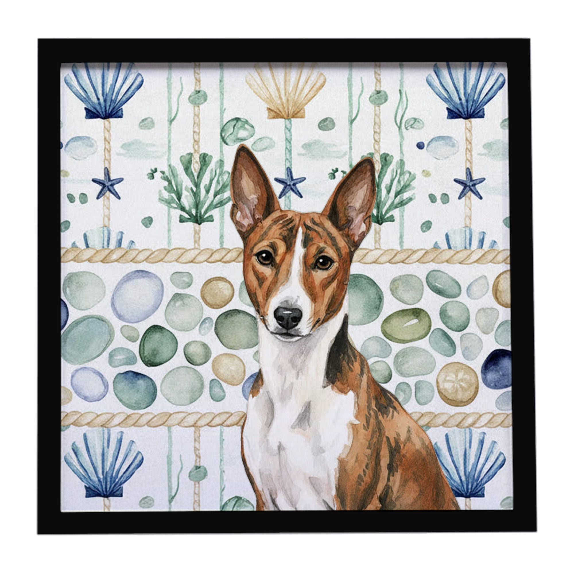 Brindle and White Basenji Coastal Sea Glass Framed Metal Print Bathroom, Kitchen, Office, Home Decor Wall Art Ready to Hang, Squ