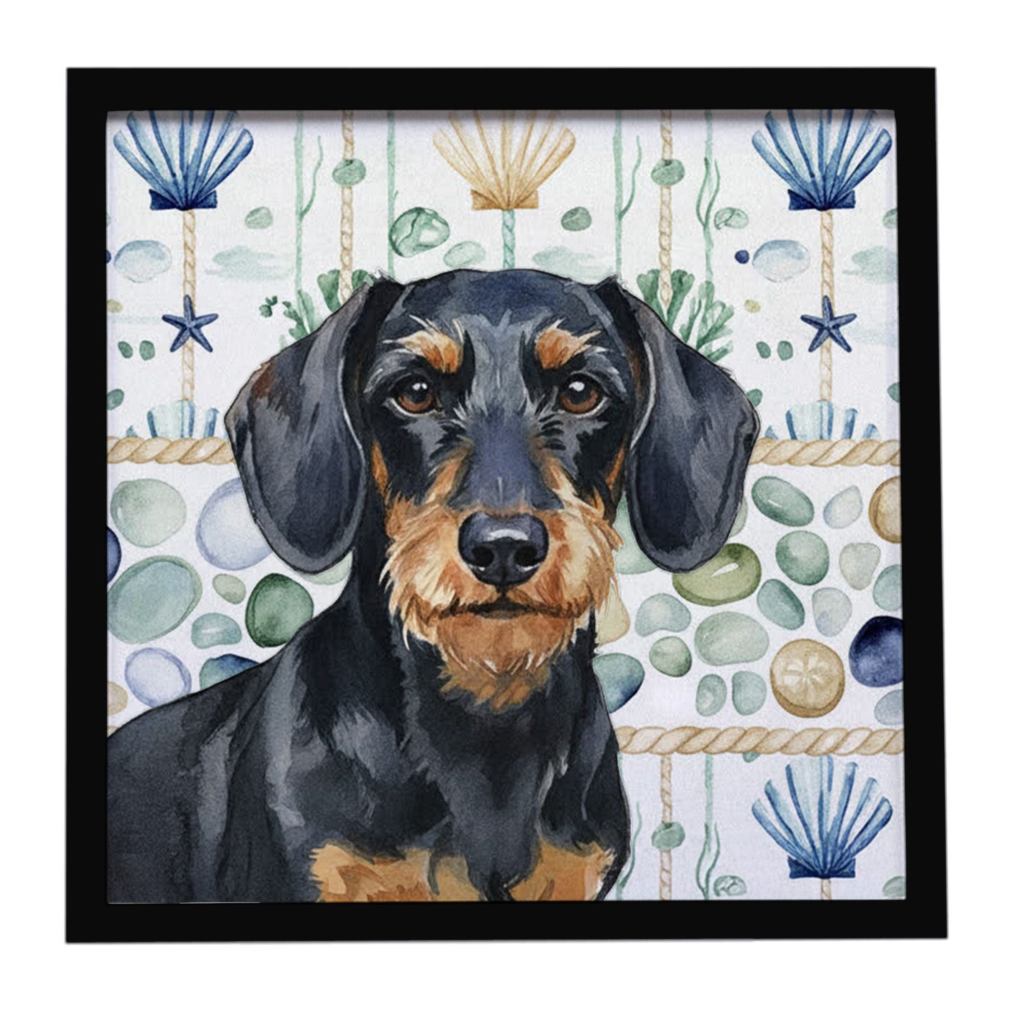 Wirehaired Black and Tan Dachshund Coastal Sea Glass Framed Metal Print Bathroom, Kitchen, Office, Home Decor Wall Art Ready to 
