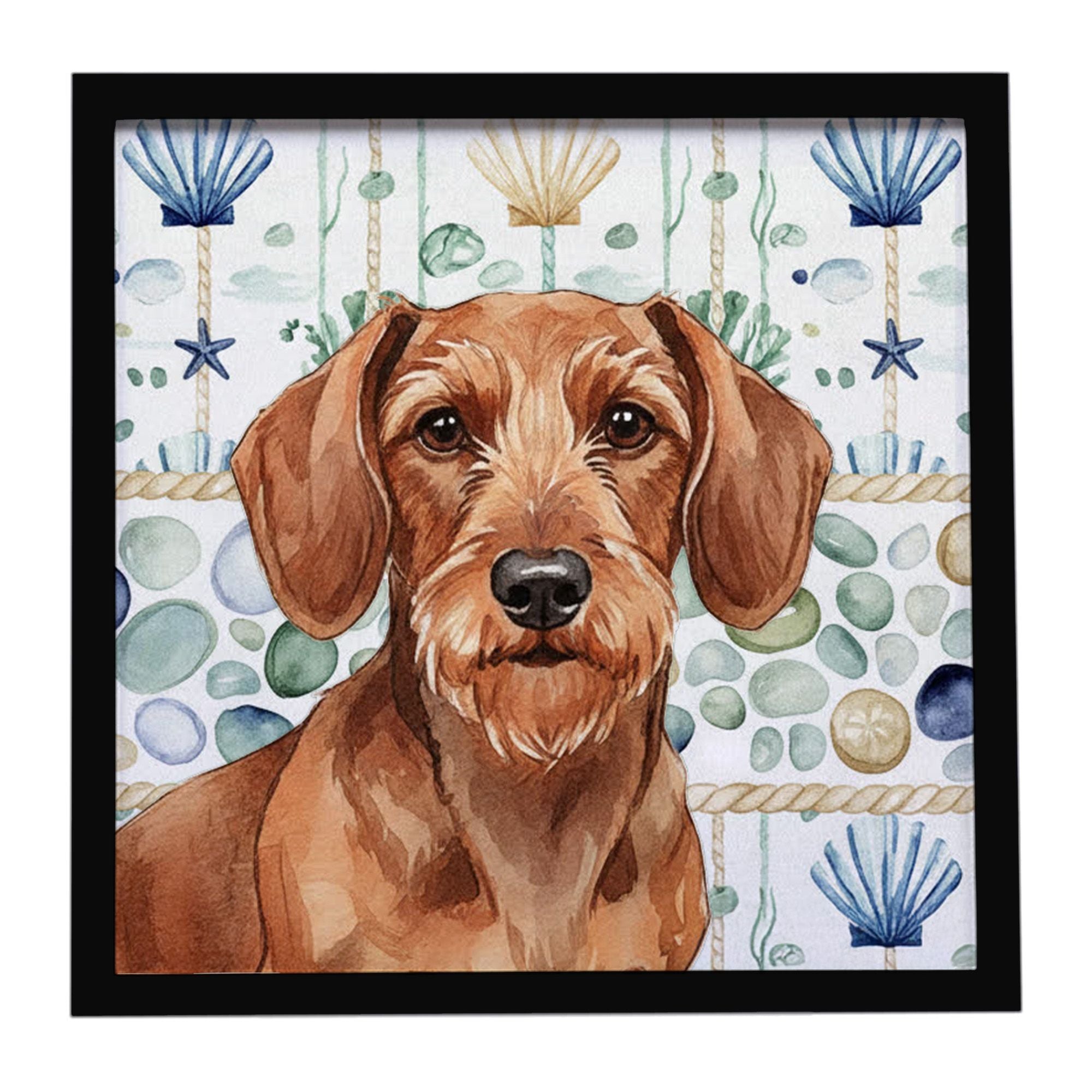 Wirehaired Red Dachshund Coastal Sea Glass Framed Metal Print Bathroom, Kitchen, Office, Home Decor Wall Art Ready to Hang, Squa