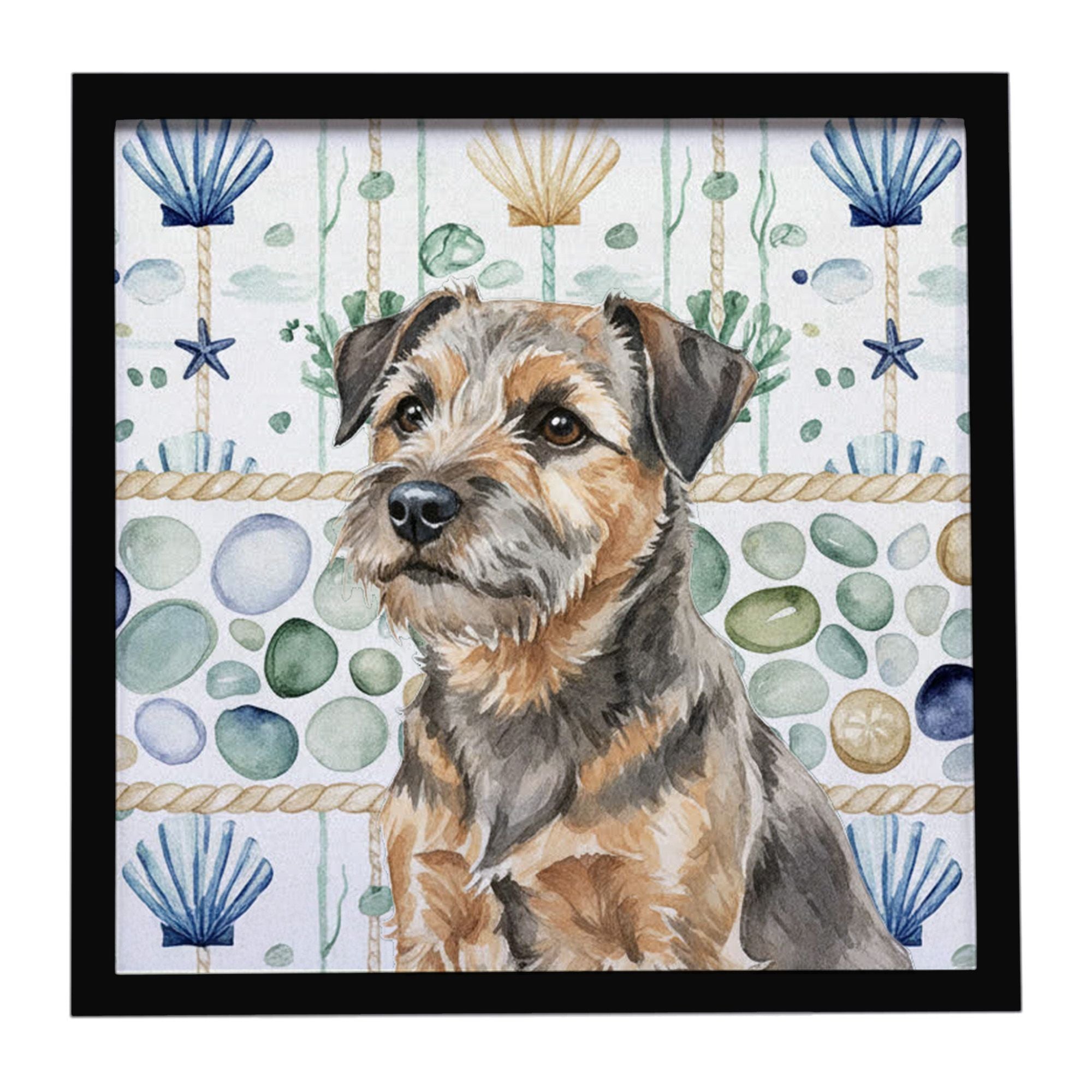 Grizzle and Tan Border Terrier Coastal Sea Glass Framed Metal Print Bathroom, Kitchen, Office, Home Decor Wall Art Ready to Hang