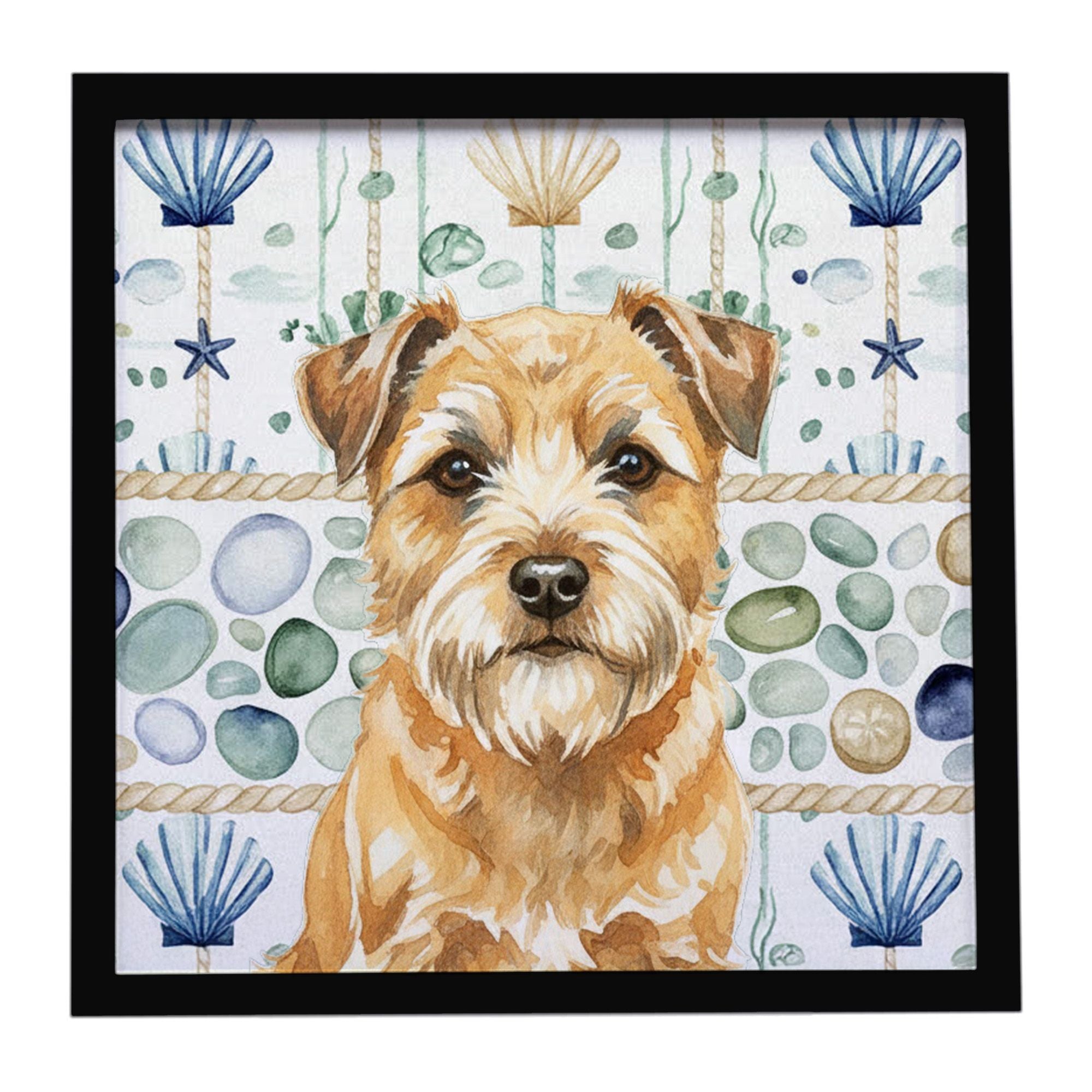 Wheaten Border Terrier Coastal Sea Glass Framed Metal Print Bathroom, Kitchen, Office, Home Decor Wall Art Ready to Hang, Square