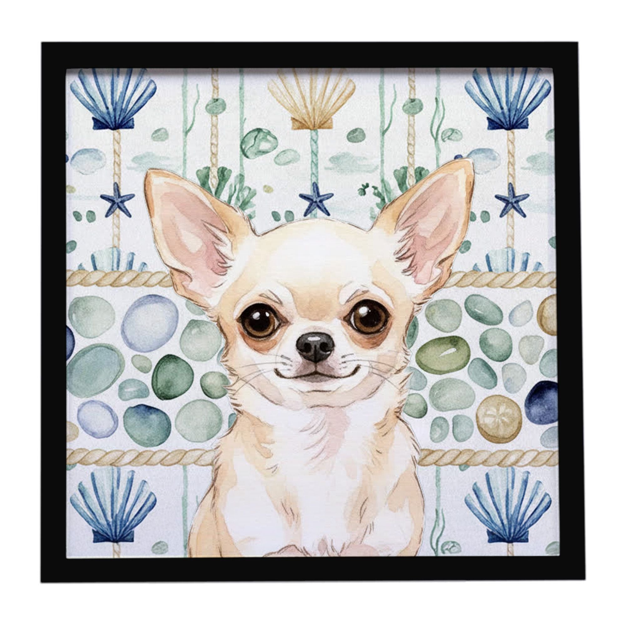 Cream Chihuahua Coastal Sea Glass Framed Metal Print Bathroom, Kitchen, Office, Home Decor Wall Art Ready to Hang, Square, 8X8