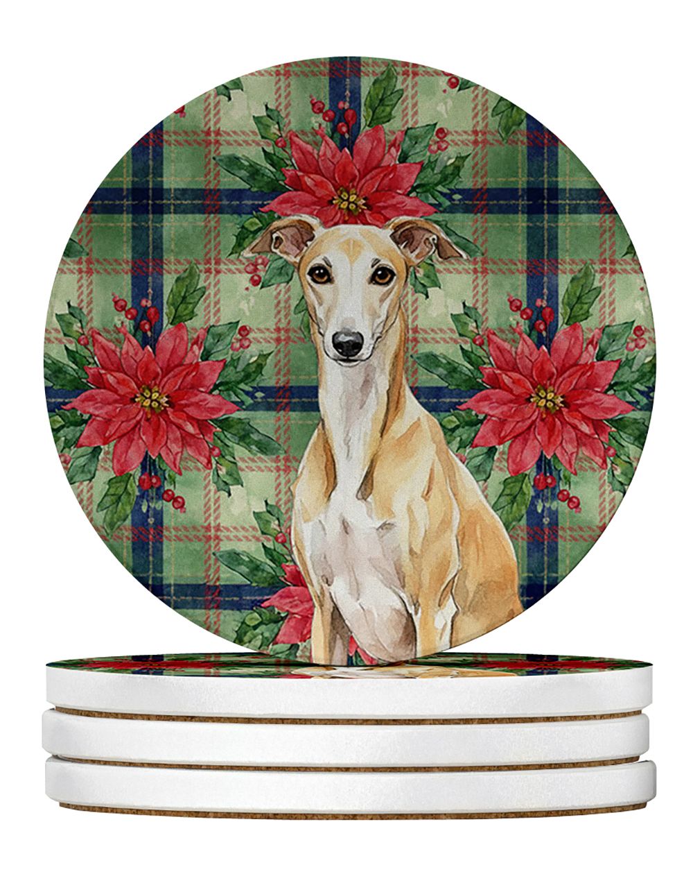 Fawn Whippet Christmas PoinsettIas Large Sandstone Coasters Pack of 4 Absorbent Round Coasters Decor Gifts for Men or Women, 4 i