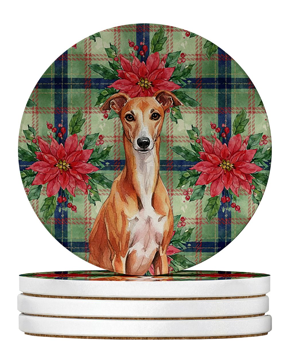 Red Whippet Christmas PoinsettIas Large Sandstone Coasters Pack of 4 Absorbent Round Coasters Decor Gifts for Men or Women, 4 in