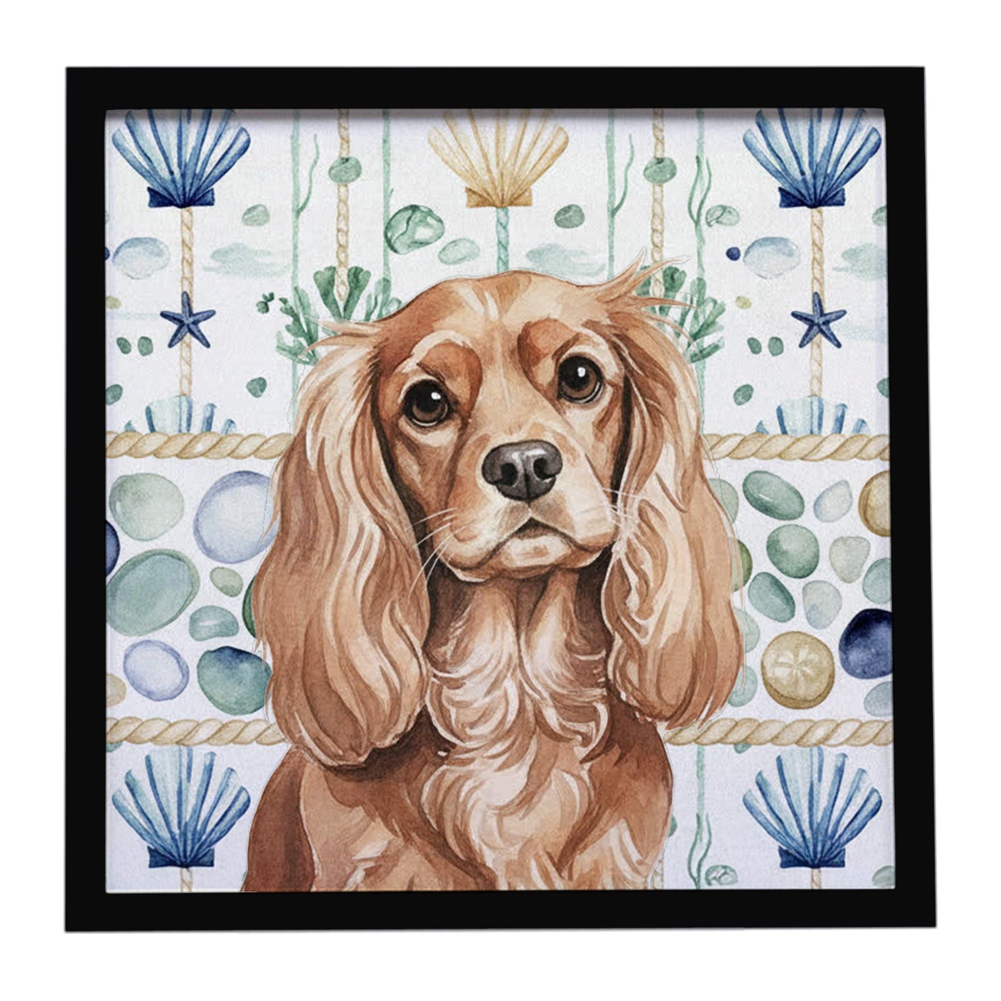 Ruby Cavalier Spaniel Coastal Sea Glass Framed Metal Print Bathroom, Kitchen, Office, Home Decor Wall Art Ready to Hang, Square,