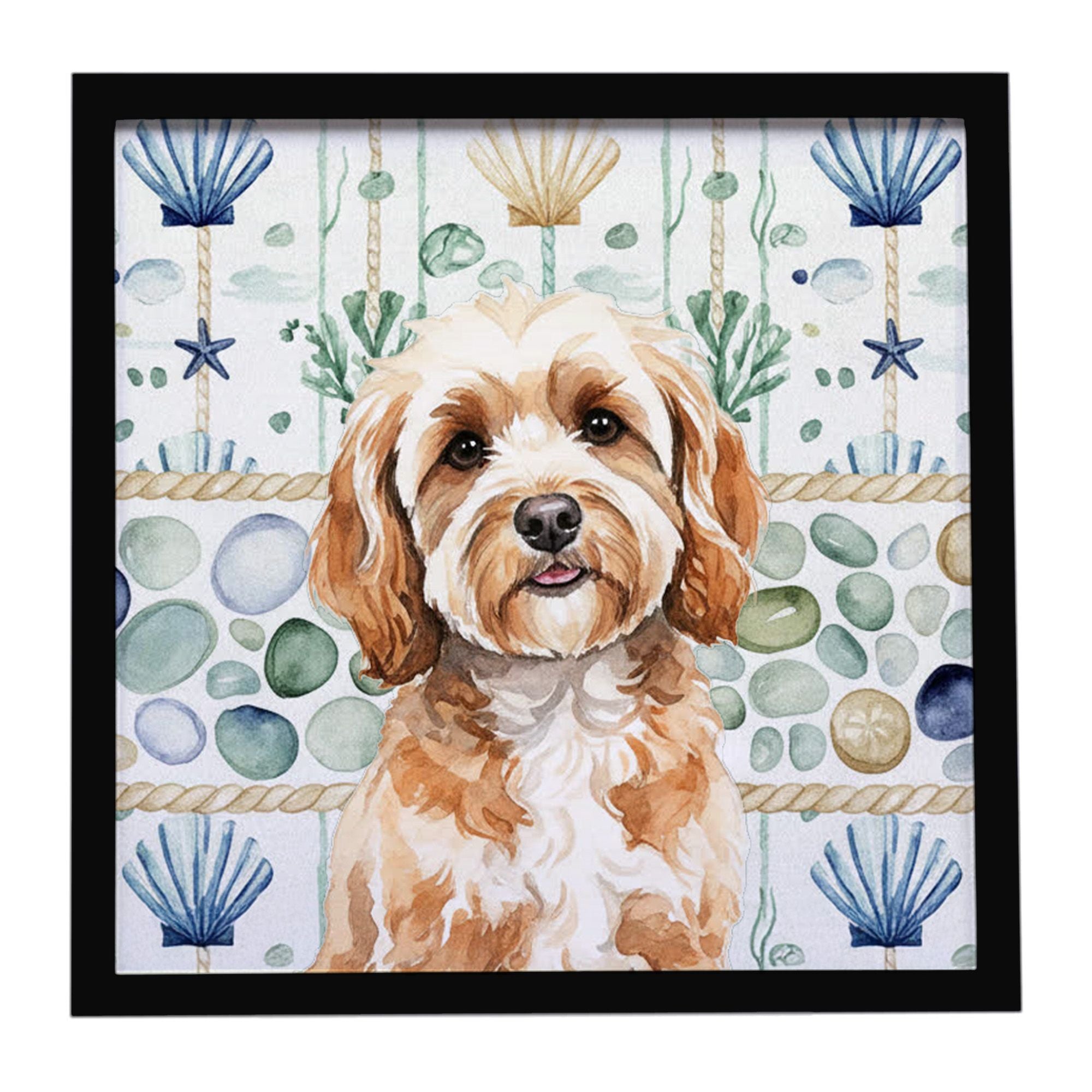 Cavapoo Coastal Sea Glass Framed Metal Print Bathroom, Kitchen, Office, Home Decor Wall Art Ready to Hang, Square, 8X8
