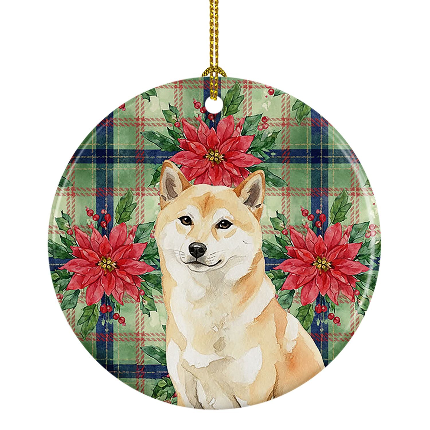 Cream Shiba Inu Christmas PoinsettIas Ceramic Ornament Christmas Tree Hanging Decorations for Home Christmas Holiday, Party, Gif