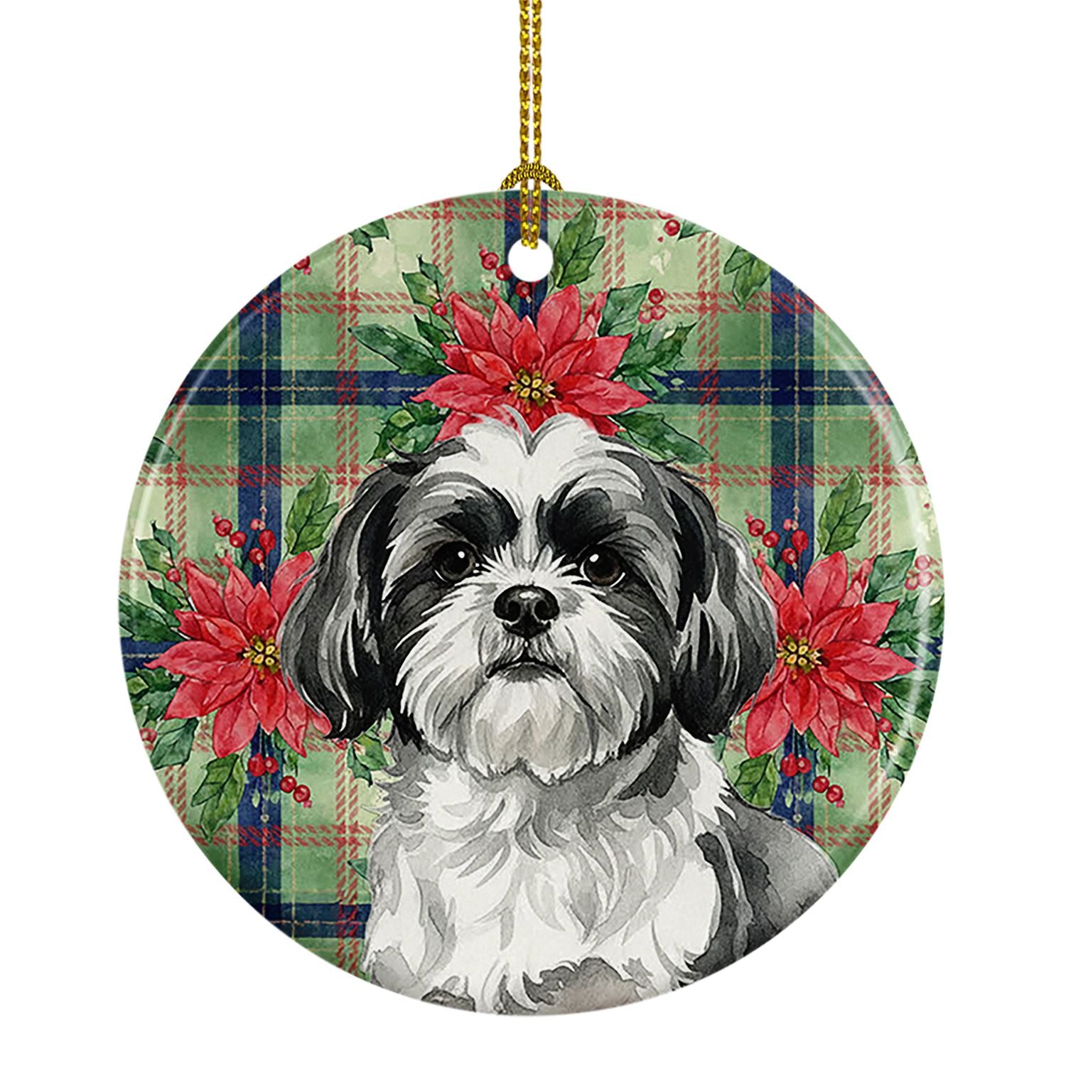 Black and White Shih Tzu Christmas PoinsettIas Ceramic Ornament Christmas Tree Hanging Decorations for Home Christmas Holiday, P