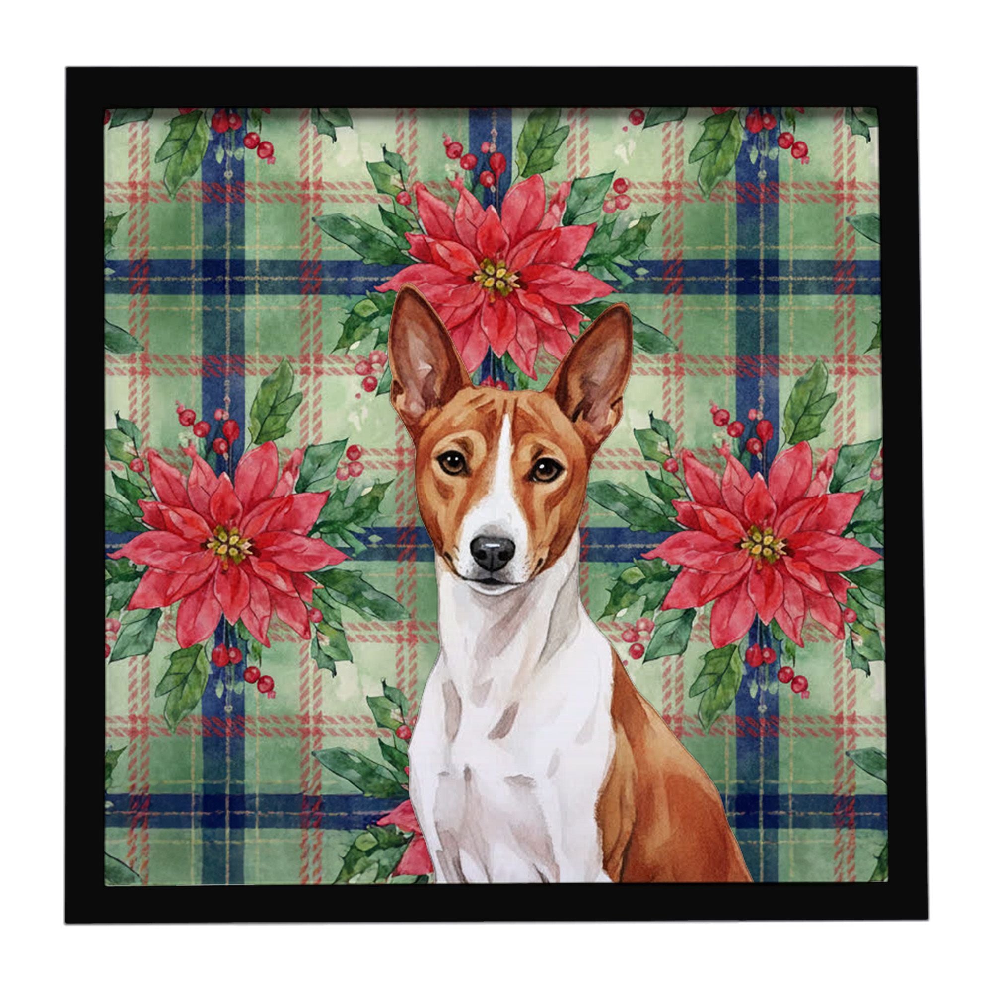 Red and White Basenji Christmas PoinsettIas Framed Metal Print Bathroom, Kitchen, Office, Home Decor Wall Art Ready to Hang, Squ