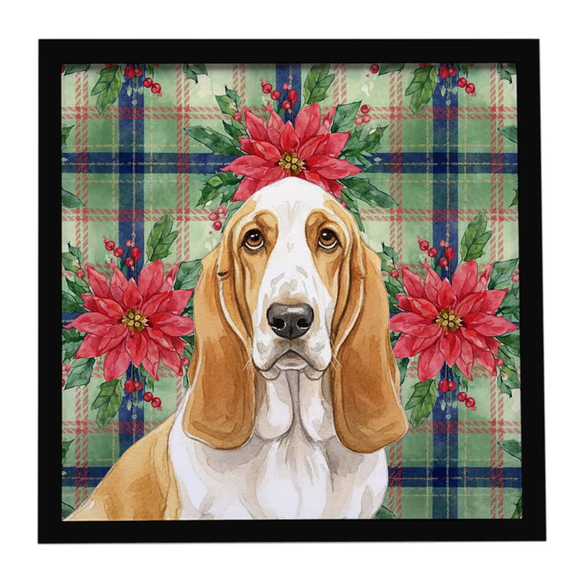 Lemon and White Basset Hound Christmas PoinsettIas Framed Metal Print Bathroom, Kitchen, Office, Home Decor Wall Art Ready to Ha