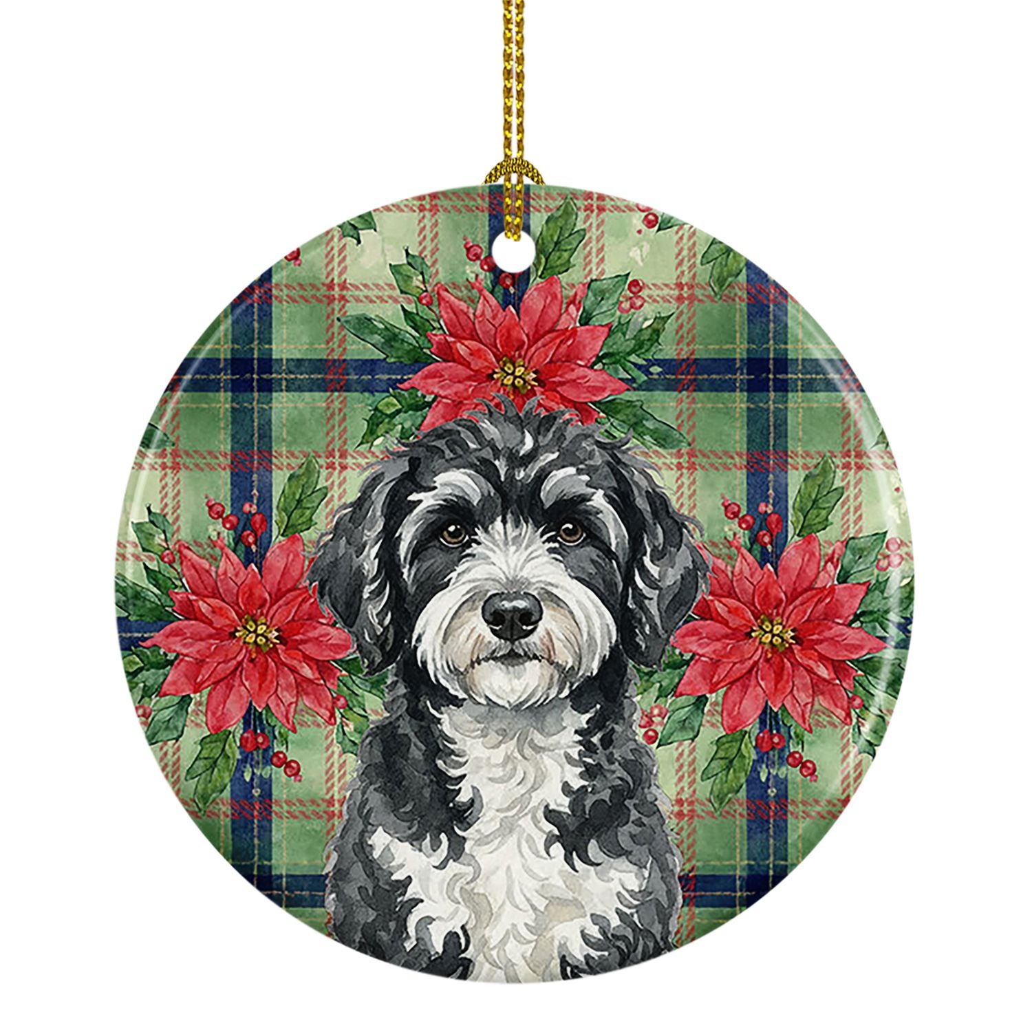 Portuguese Water Dog Christmas PoinsettIas Ceramic Ornament Christmas Tree Hanging Decorations for Home Christmas Holiday, Party