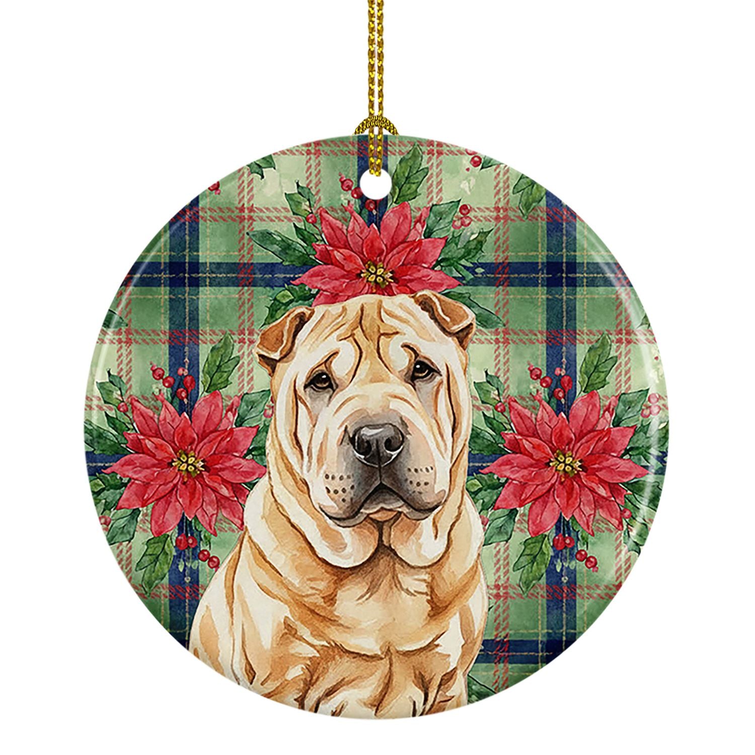 Red Shar Pei Christmas PoinsettIas Ceramic Ornament Christmas Tree Hanging Decorations for Home Christmas Holiday, Party, Gift, 