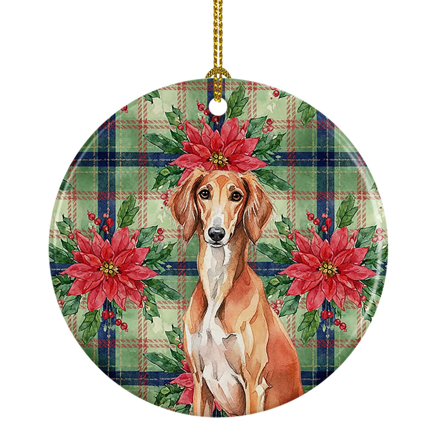Red Saluki Christmas PoinsettIas Ceramic Ornament Christmas Tree Hanging Decorations for Home Christmas Holiday, Party, Gift, 3 