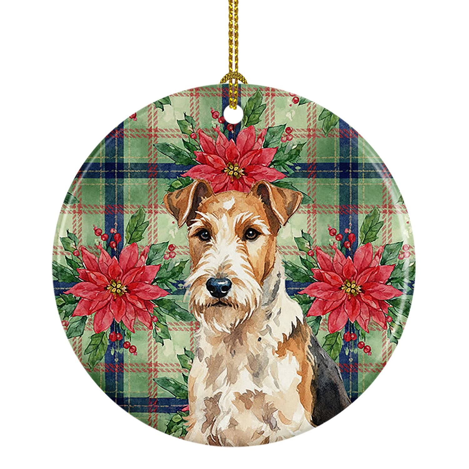 Wire Fox Terrier Christmas PoinsettIas Ceramic Ornament Christmas Tree Hanging Decorations for Home Christmas Holiday, Party, Gi