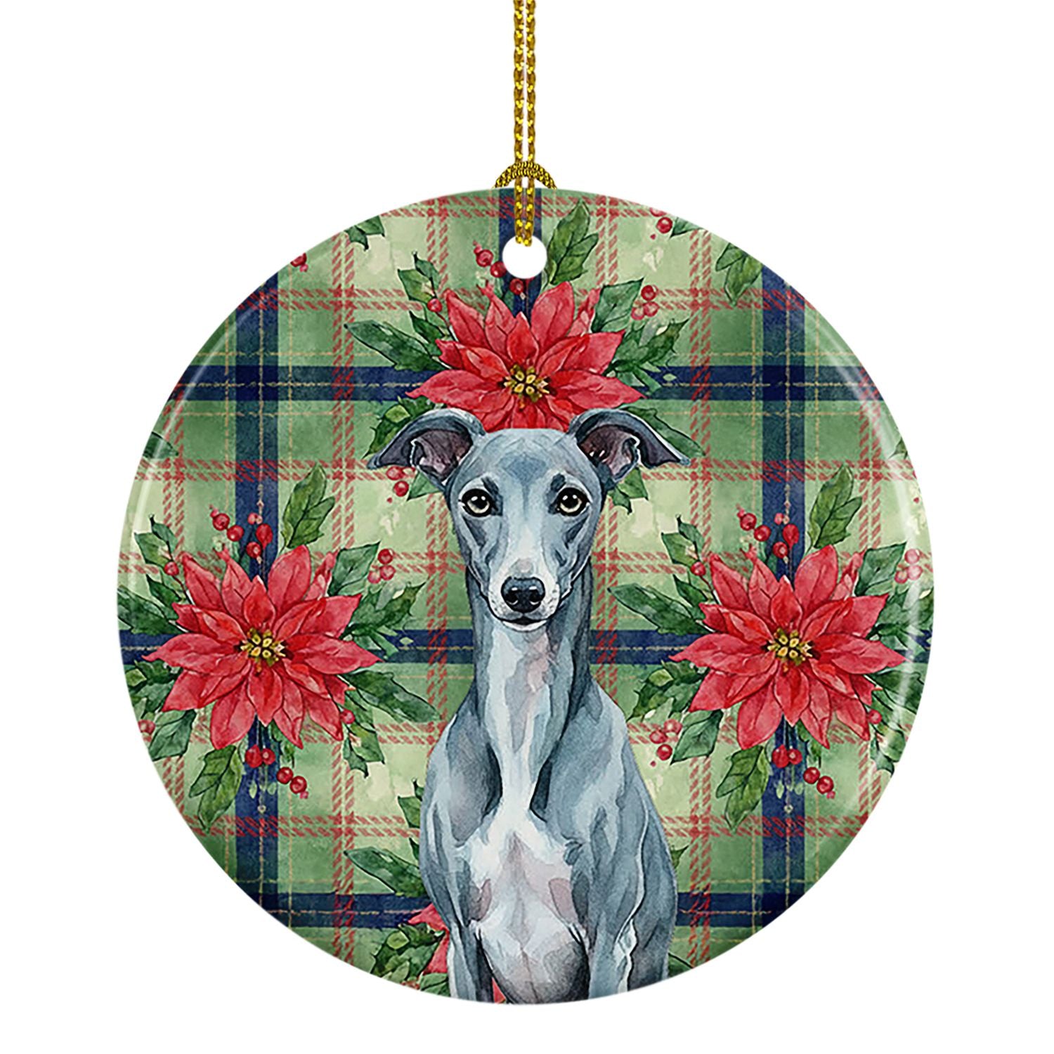 Blue Whippet Christmas PoinsettIas Ceramic Ornament Christmas Tree Hanging Decorations for Home Christmas Holiday, Party, Gift, 