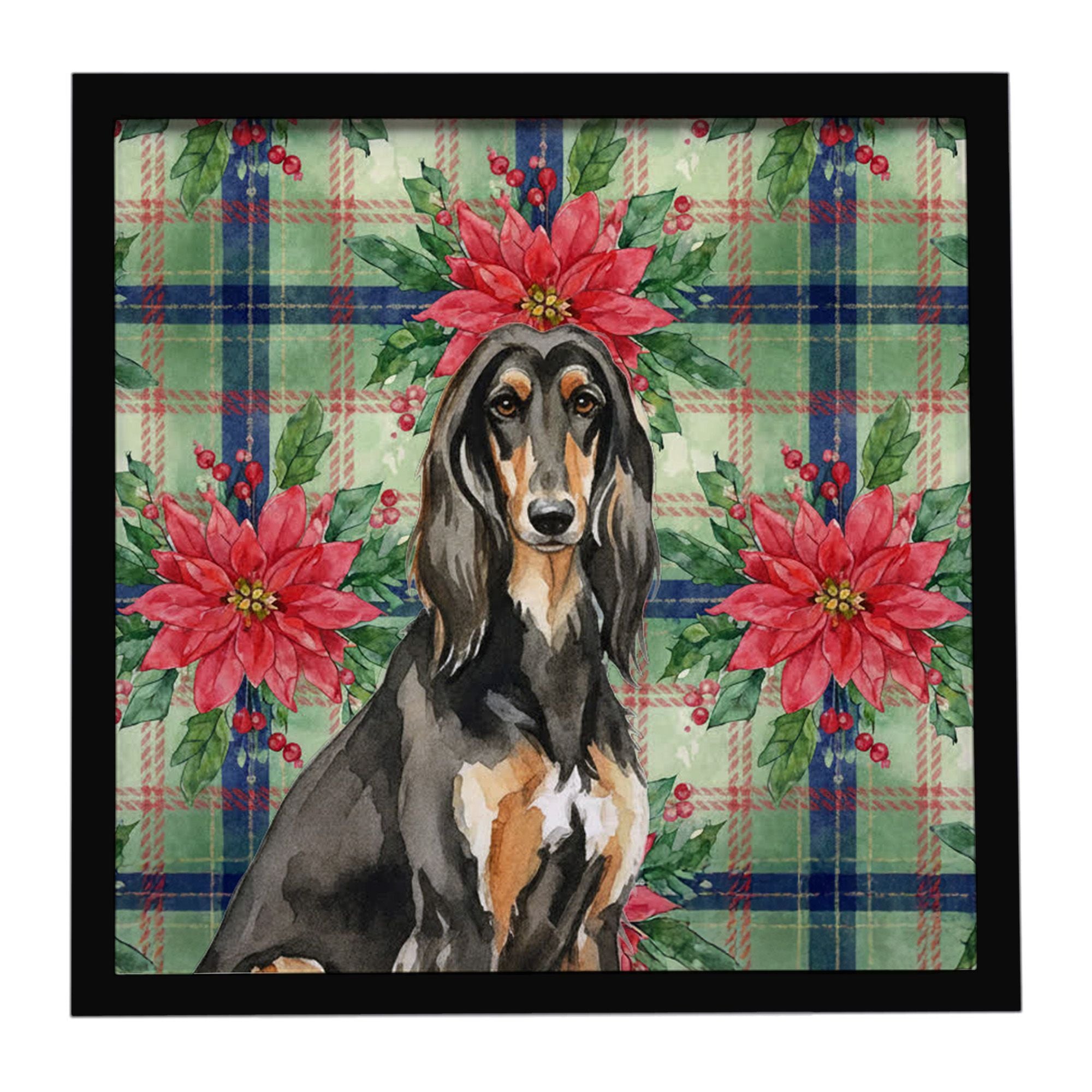 Black & Tan Afghan Hound Christmas PoinsettIas Framed Metal Print Bathroom, Kitchen, Office, Home Decor Wall Art Ready to Hang, 