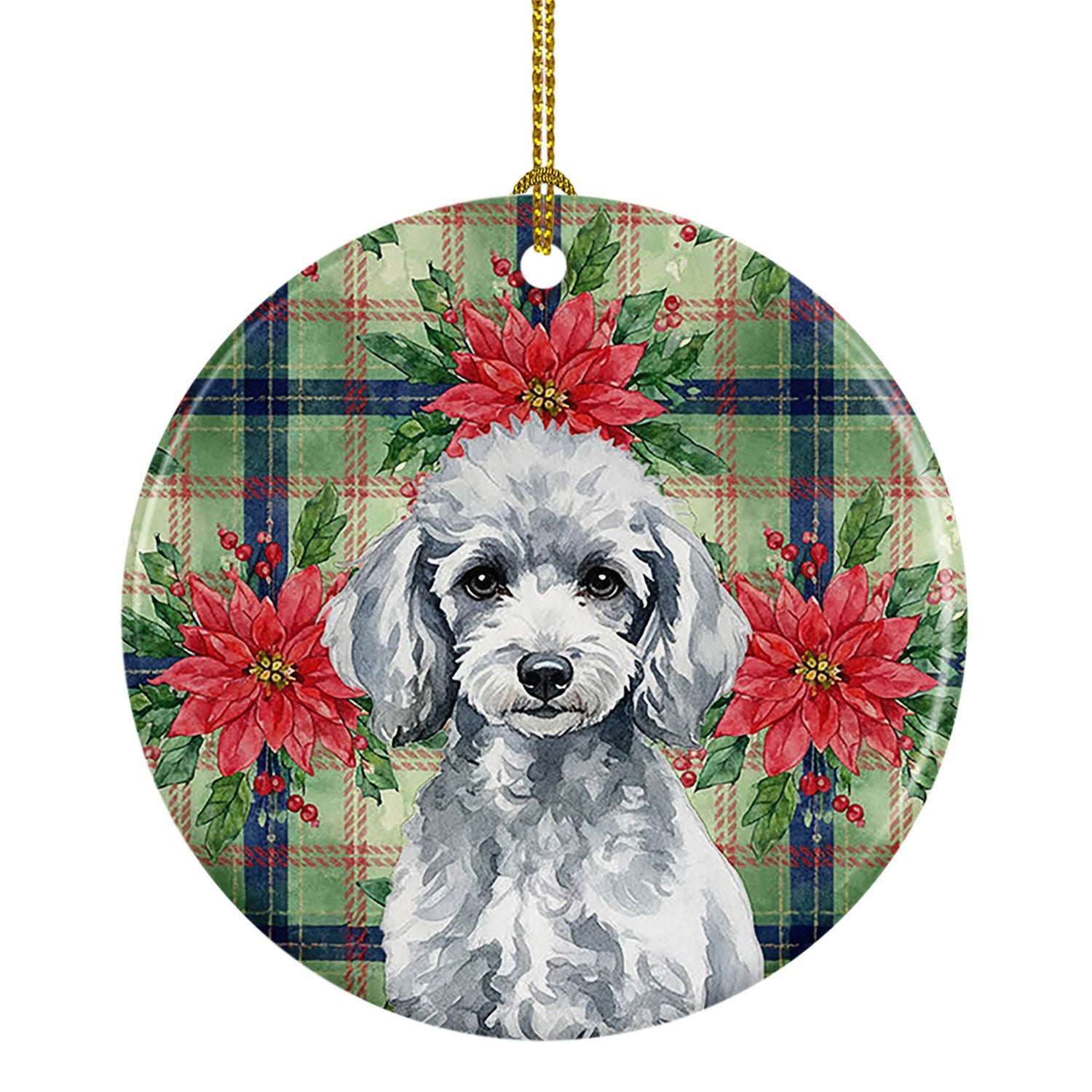 Miniature Silver Poodle Christmas PoinsettIas Ceramic Ornament Christmas Tree Hanging Decorations for Home Christmas Holiday, Pa
