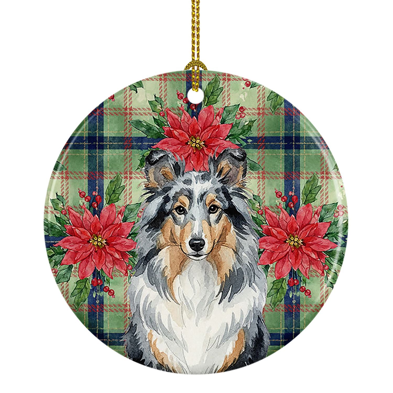 Blue Merle Sheltie Christmas PoinsettIas Ceramic Ornament Christmas Tree Hanging Decorations for Home Christmas Holiday, Party, 