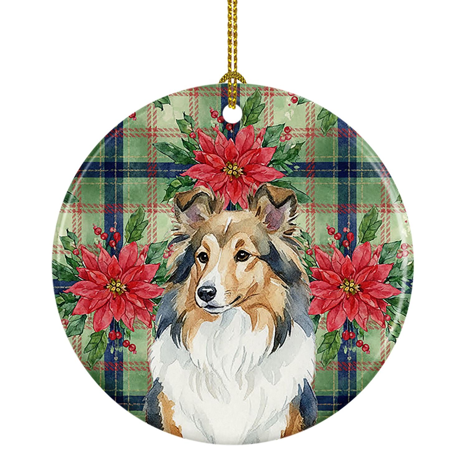 Sable Sheltie Christmas PoinsettIas Ceramic Ornament Christmas Tree Hanging Decorations for Home Christmas Holiday, Party, Gift,
